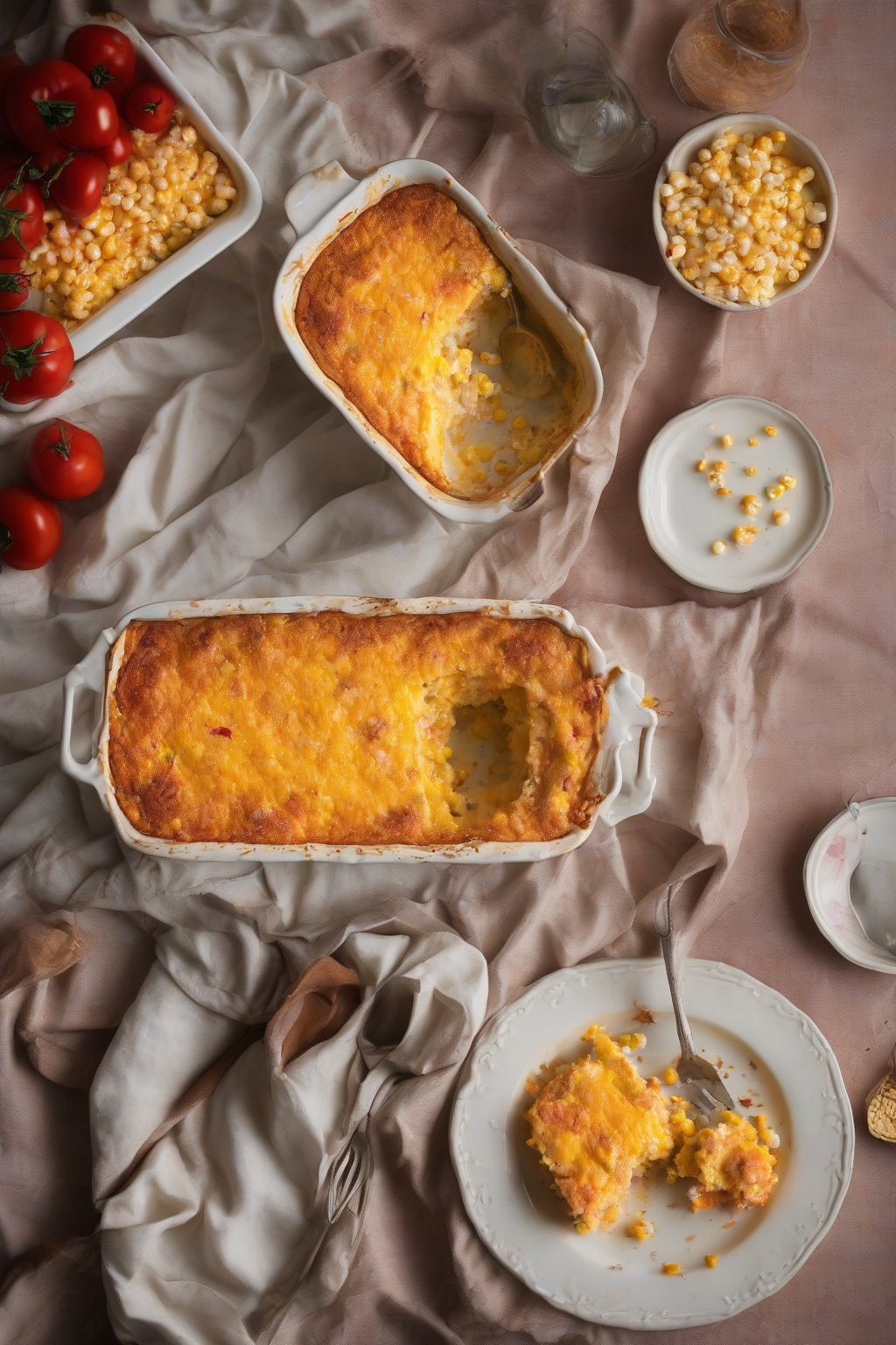 A high-resolution photo of pimento cheese corn casserole with red flecks and creamy layers, under soft lighting.