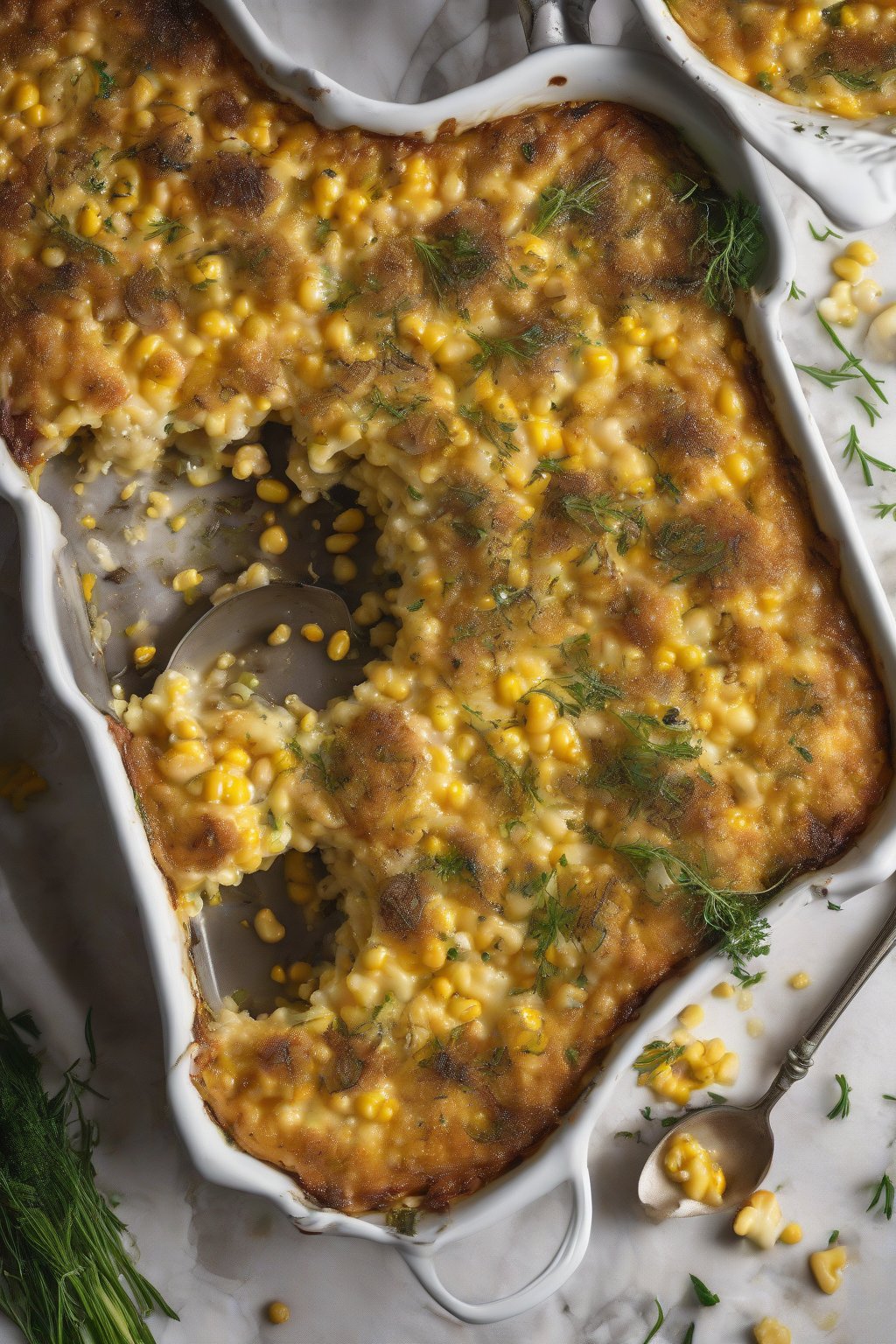 A high-resolution photo of truffle corn casserole drizzled with oil and herb garnish, under soft lighting.
