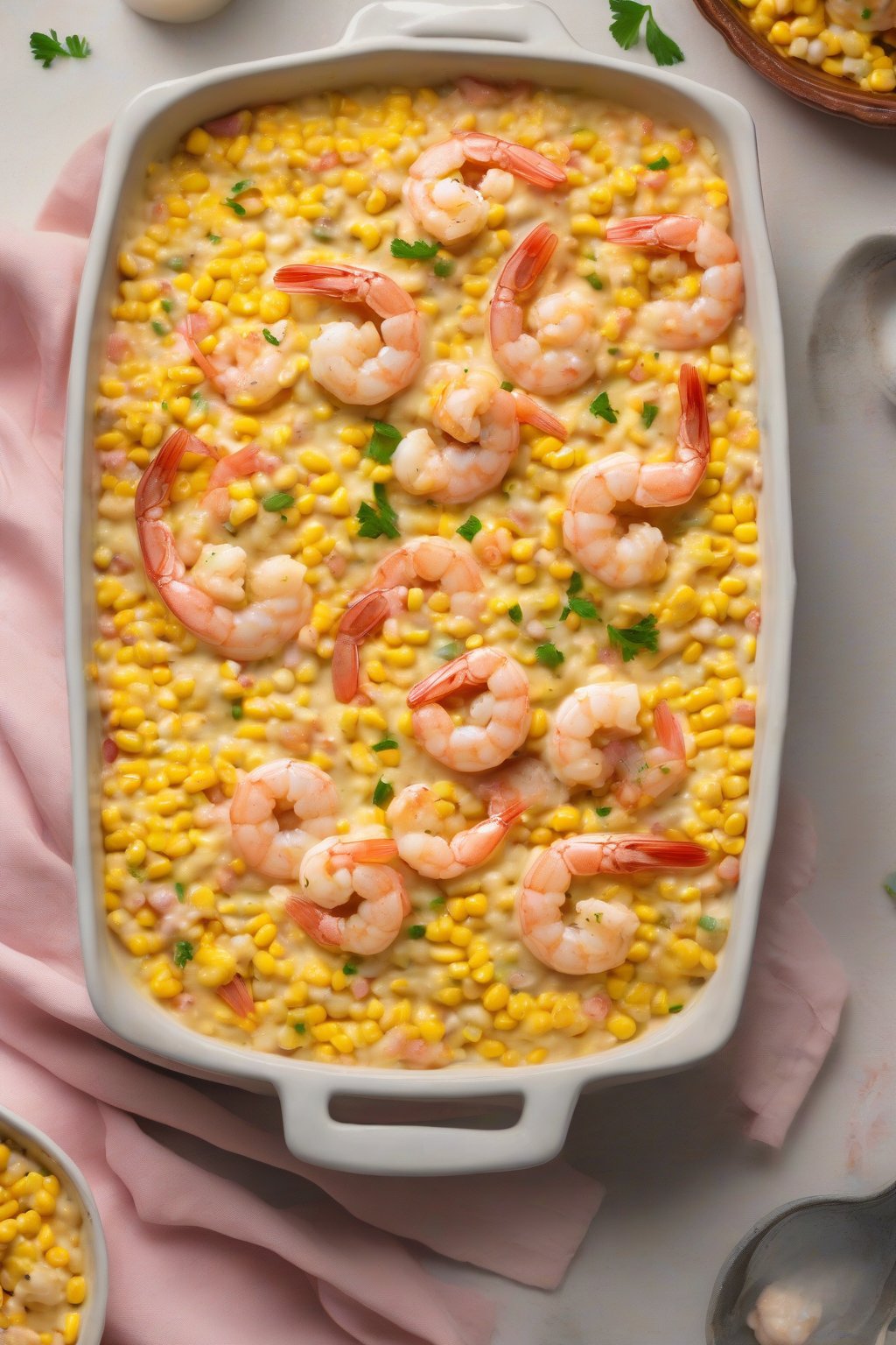 A high-resolution photo of shrimp and corn casserole with pink shrimp peeking through creamy corn, under soft lighting.