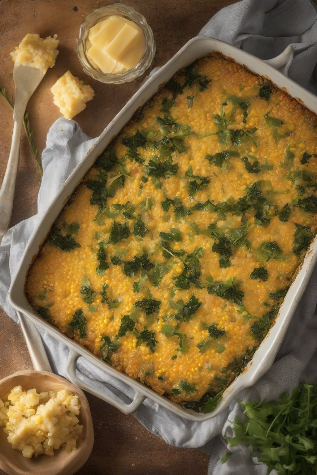 A high-resolution photo of quinoa corn casserole studded with greens and golden top, under soft lighting.