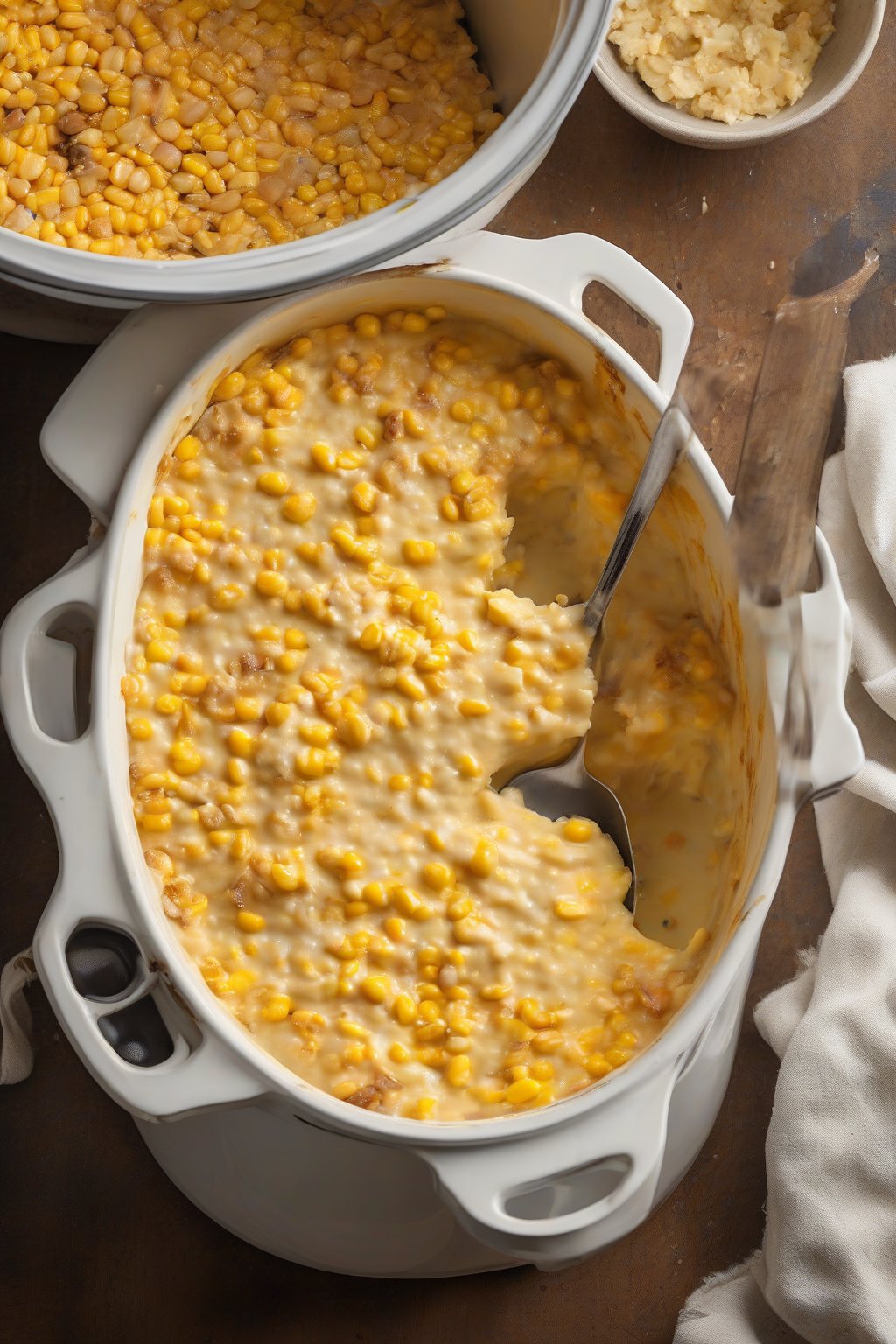 A high-resolution photo of slow cooker creamy corn casserole scooped from pot with spoon, under soft lighting.