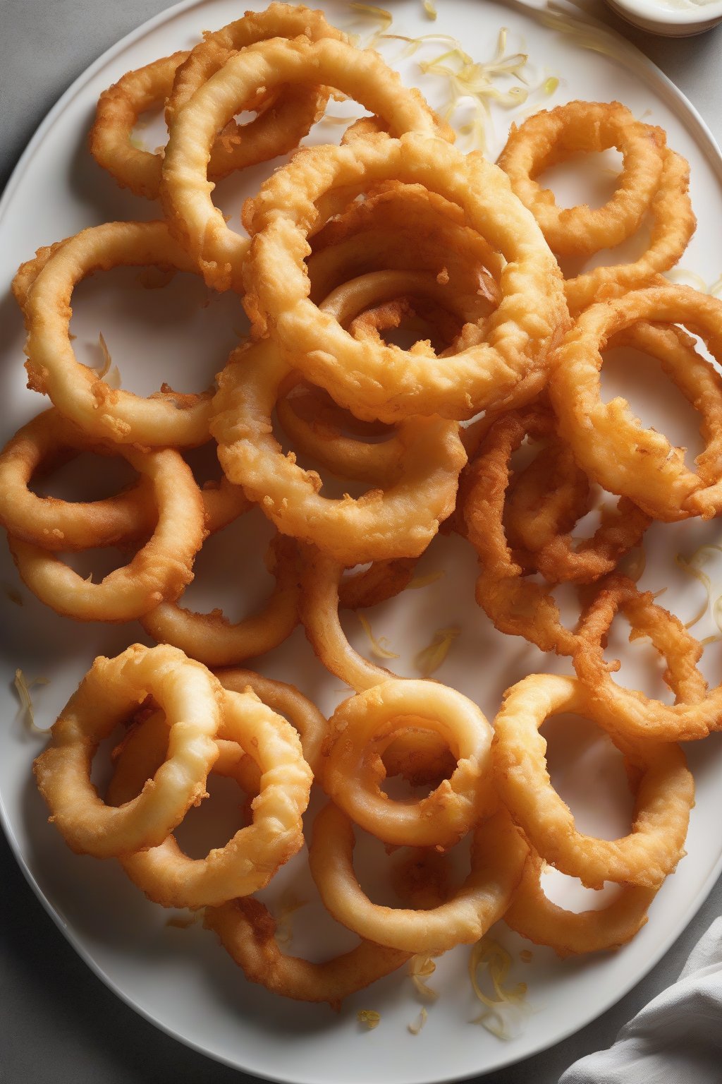 A high-resolution photo of golden beer-battered onion rings piled high on a white plate, steam rising, under soft lighting.