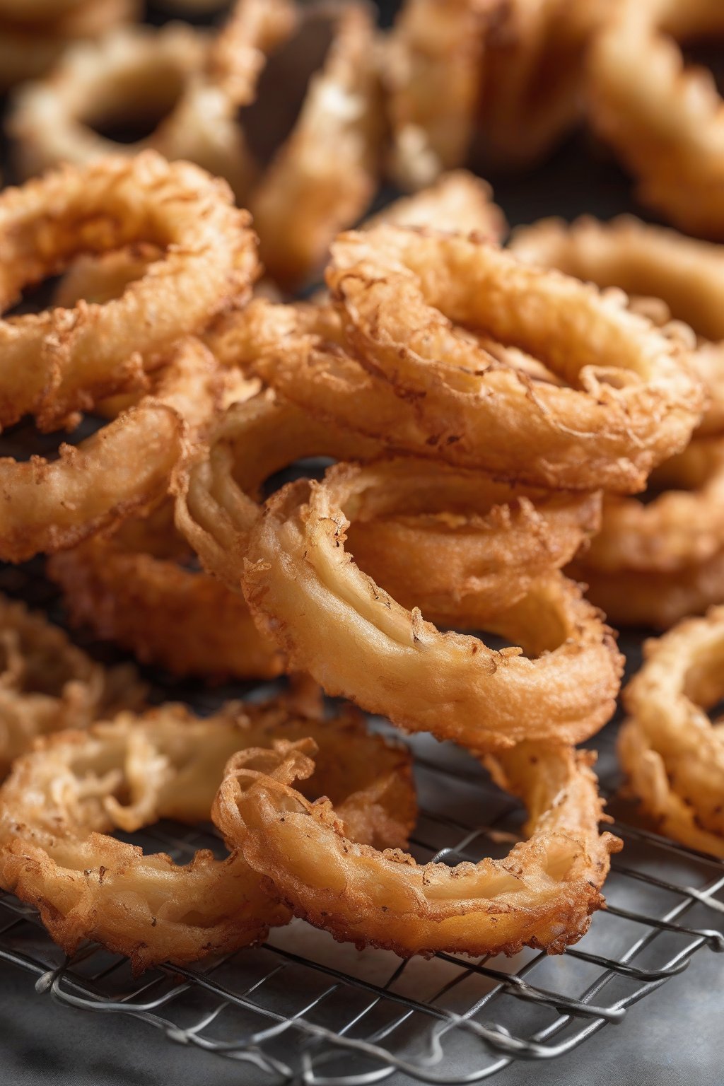 A high-resolution photo of air fryer onion rings on a wire rack, extra crispy edges, under soft lighting.