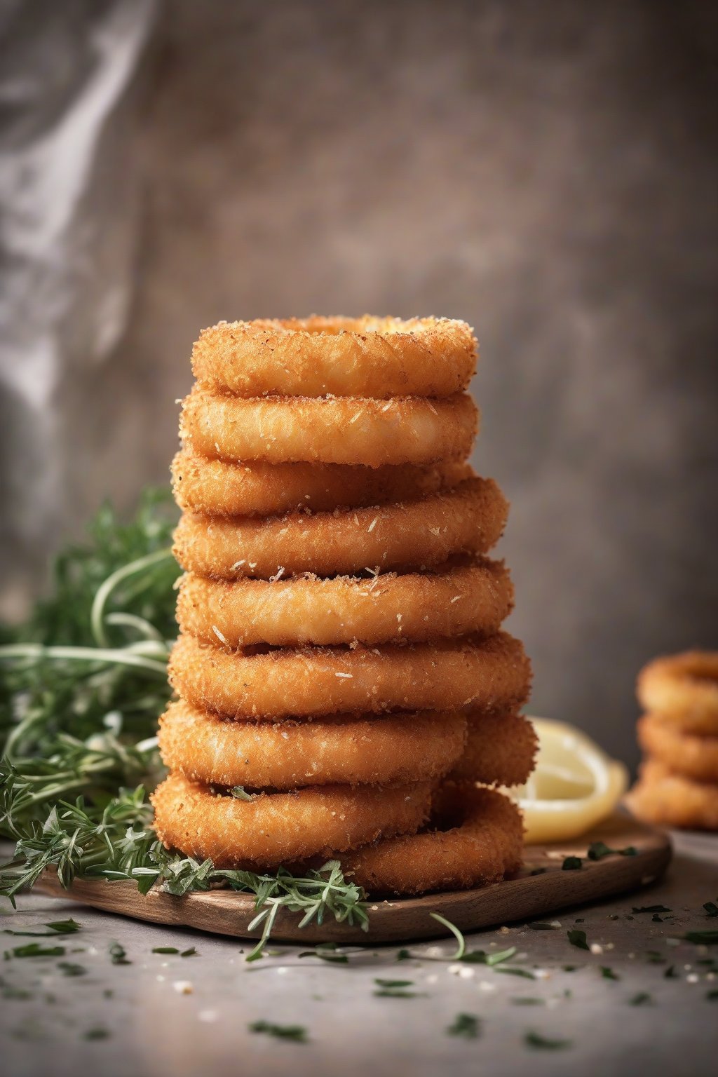 A high-resolution photo of gluten-free panko onion rings stacked in a basket, dusted with herbs, under soft lighting.