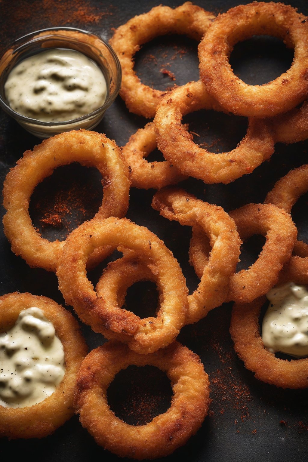 A high-resolution photo of spicy Cajun onion rings with red seasoning flecks, served with remoulade, under soft lighting.
