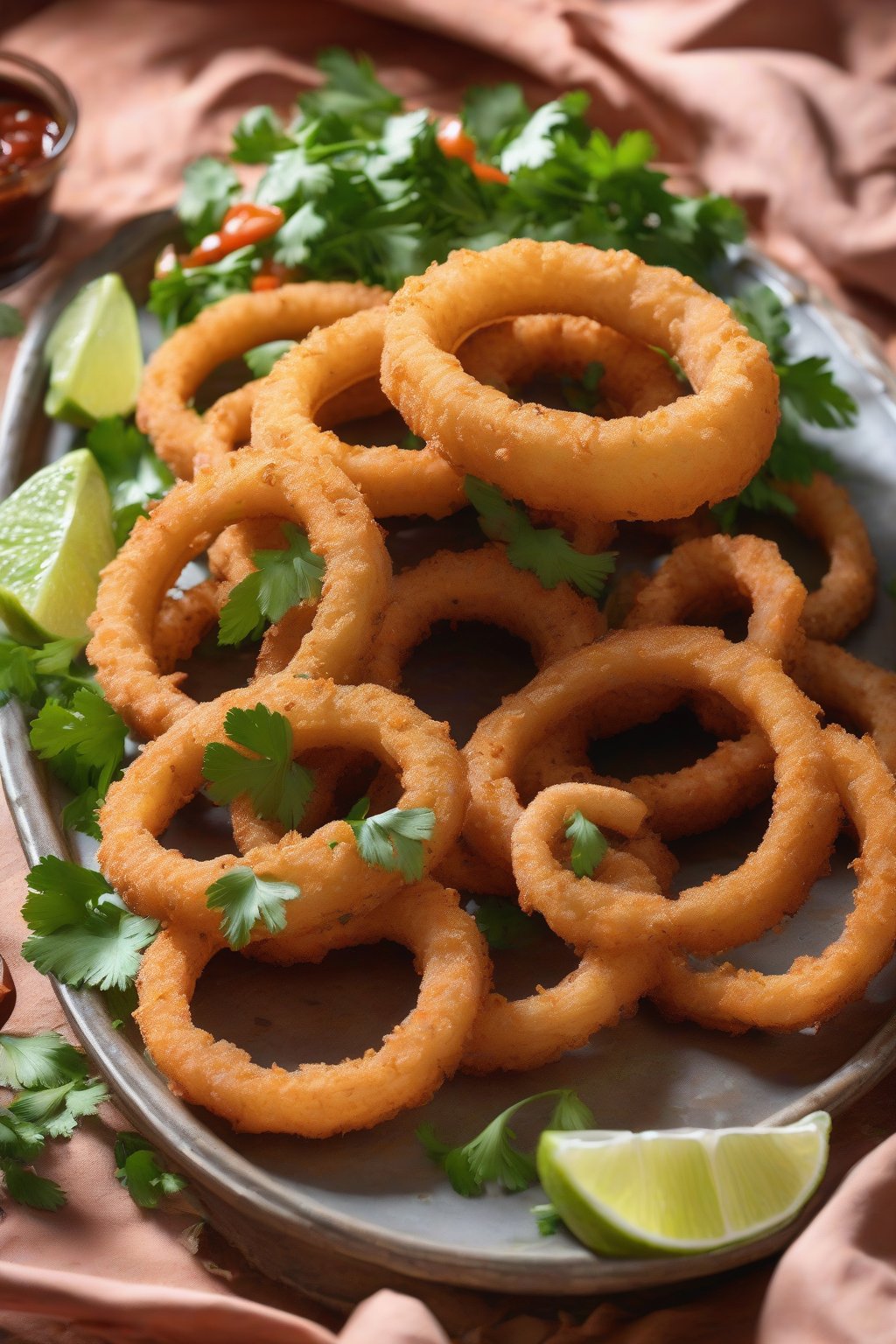 A high-resolution photo of chili-lime onion rings garnished with cilantro and lime wedges, glossy and crisp, under soft lighting.