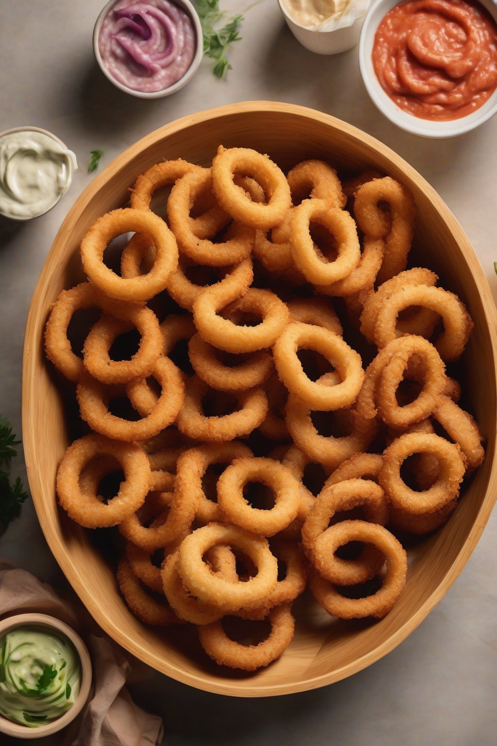 A high-resolution photo of vegan onion rings in a bamboo bowl, surrounded by dips, under soft lighting.