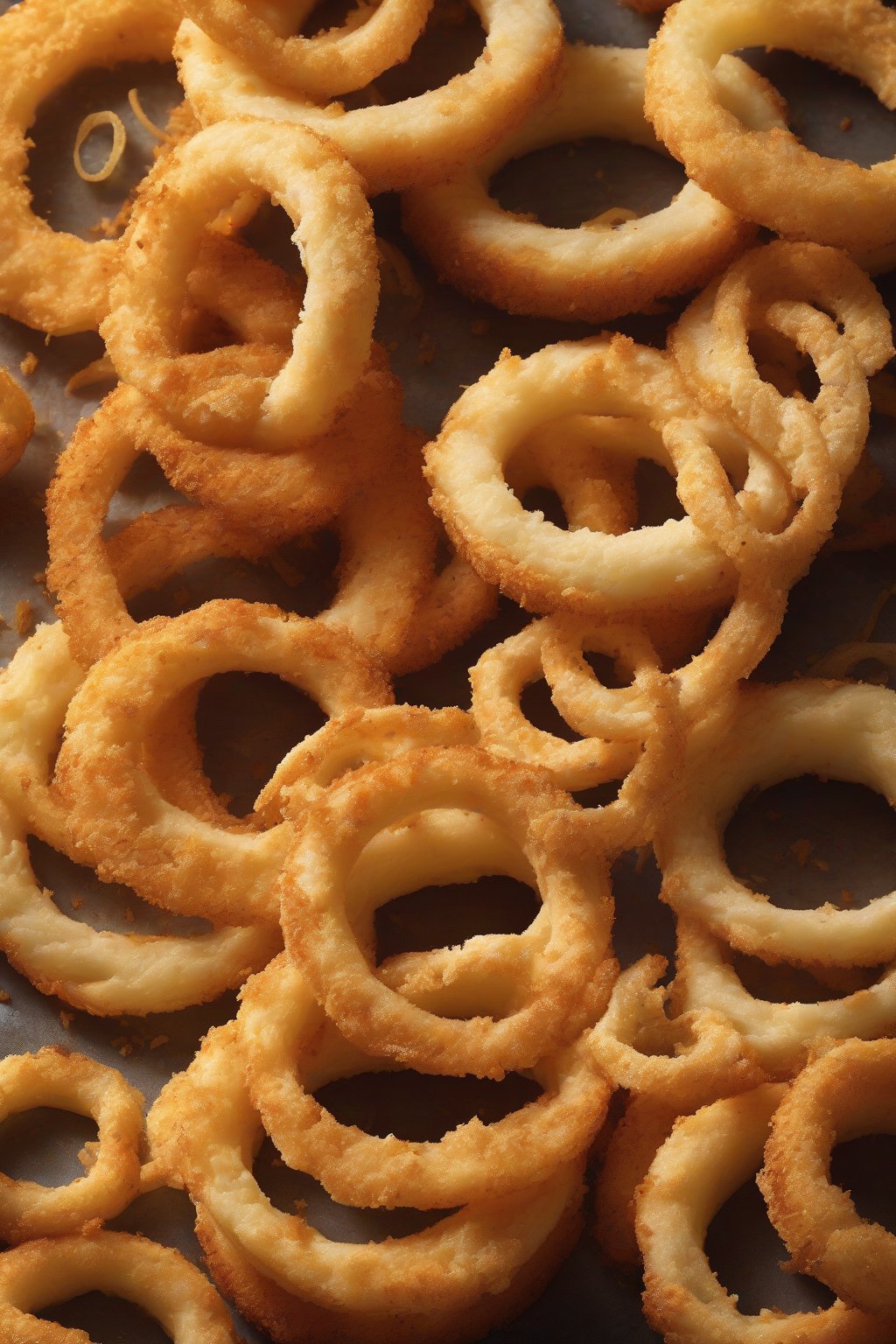 A high-resolution photo of garlic Parmesan onion rings cheesy and golden, close-up texture, under soft lighting.