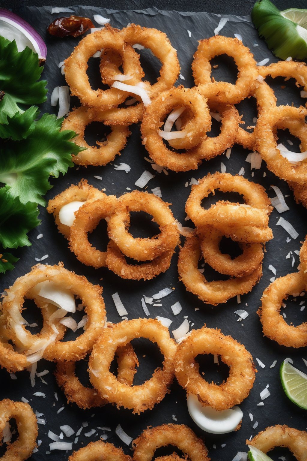 A high-resolution photo of keto coconut onion rings with tropical flakes, on a dark slate, under soft lighting.