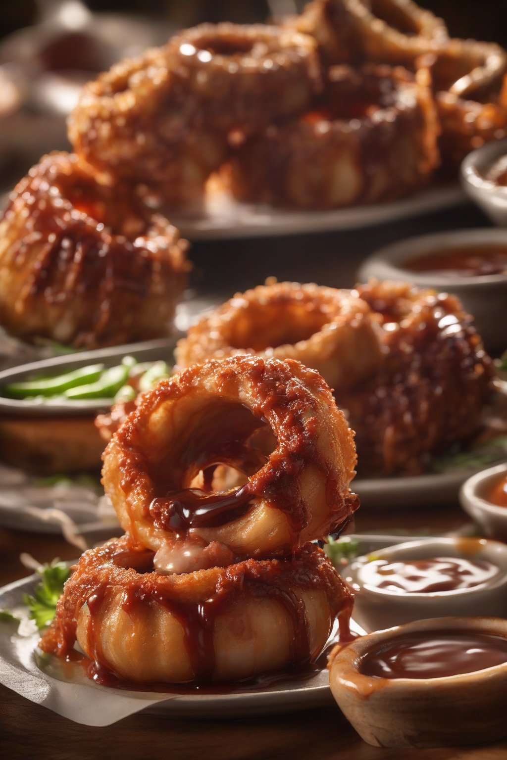 A high-resolution photo of BBQ stuffed onion rings oozing pork, drizzled with sauce, under soft lighting.