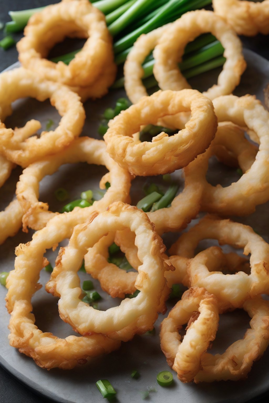 A high-resolution photo of tempura green onion rings fanned out, light and airy, under soft lighting.