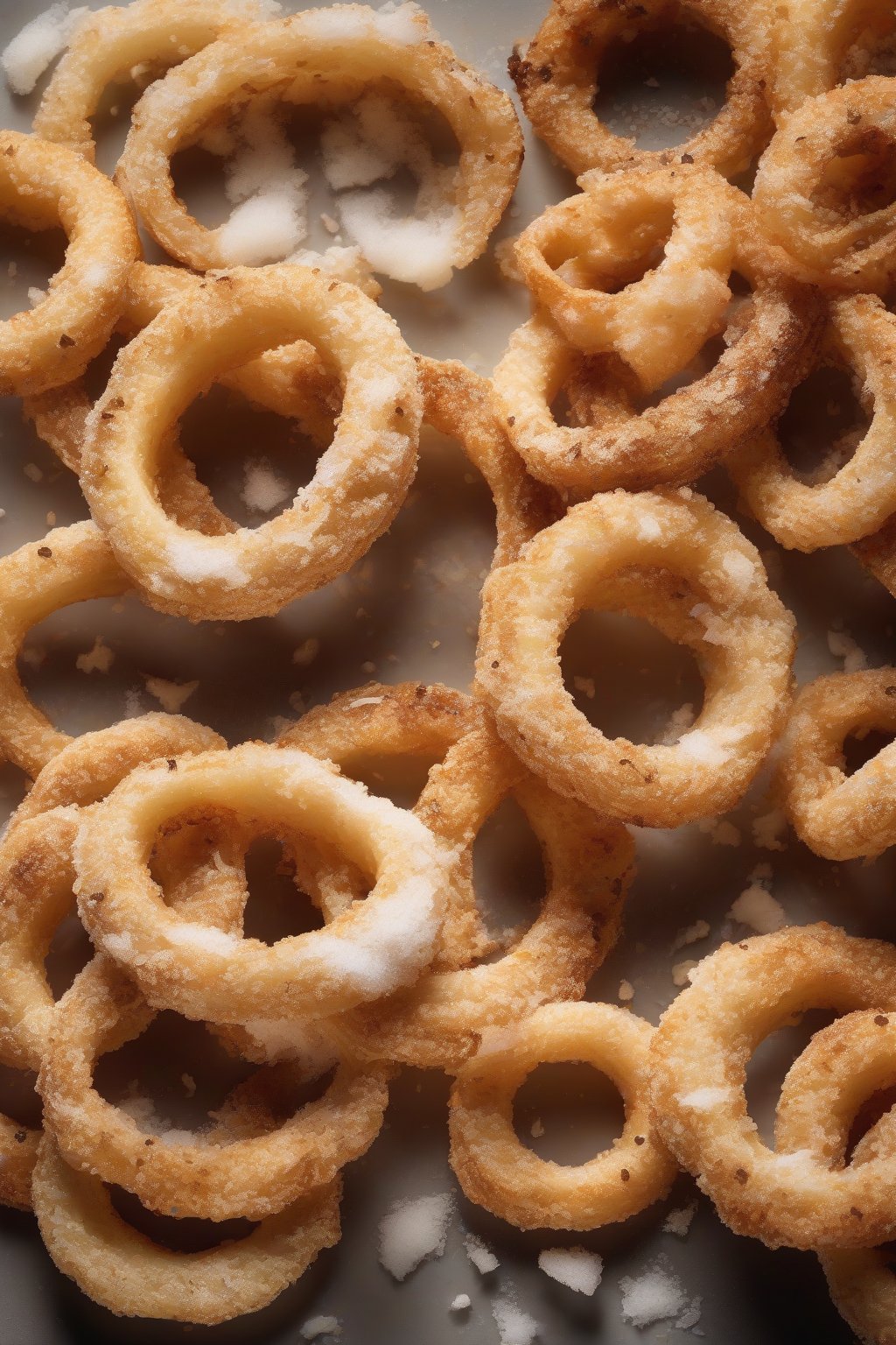 A high-resolution photo of truffle onion rings sprinkled with salt, elegant plating, under soft lighting.