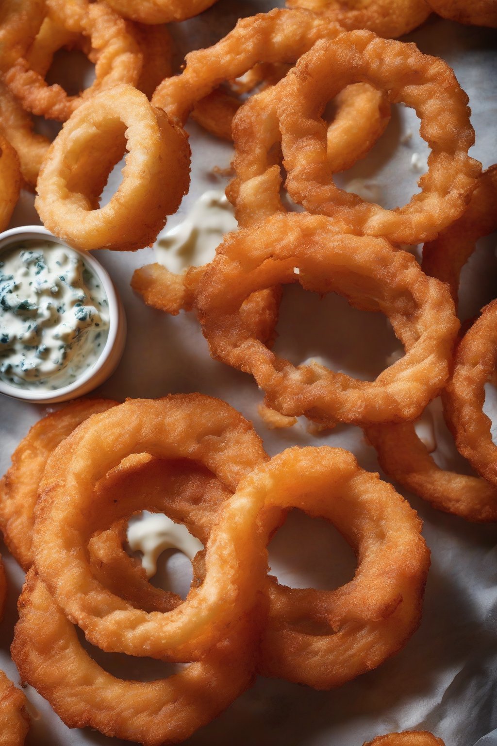 A high-resolution photo of buffalo onion rings with blue cheese swirl, vibrant orange hue, under soft lighting.