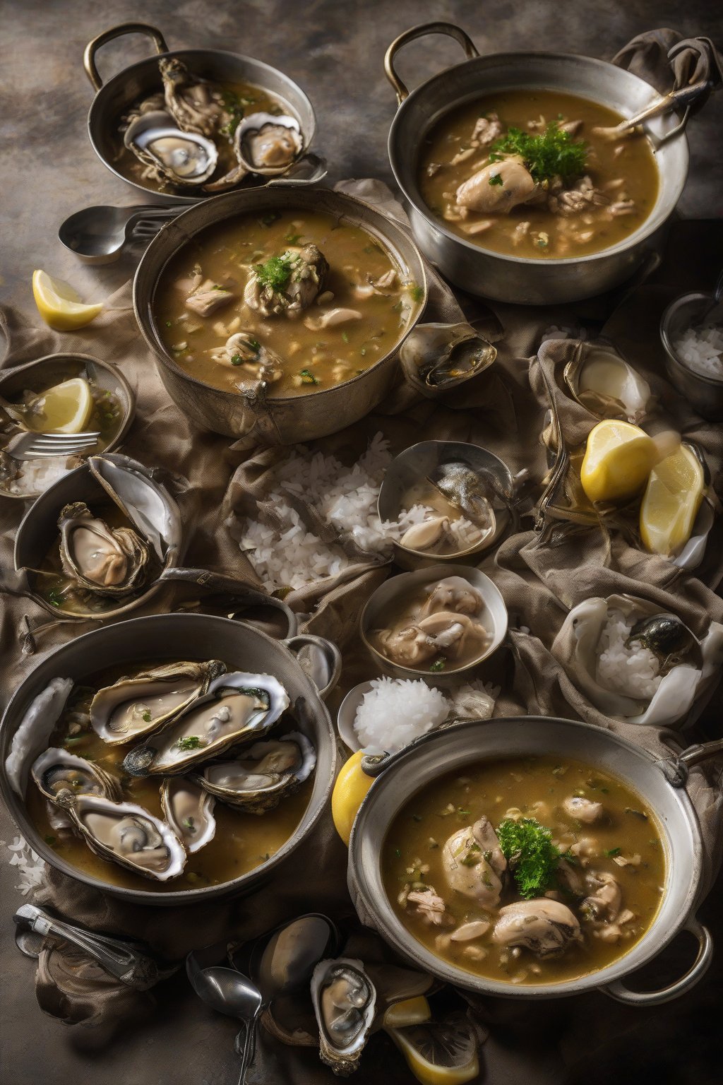 A high-resolution photo of chicken and oyster gumbo showcasing fresh oysters in golden broth with rice, under soft lighting.