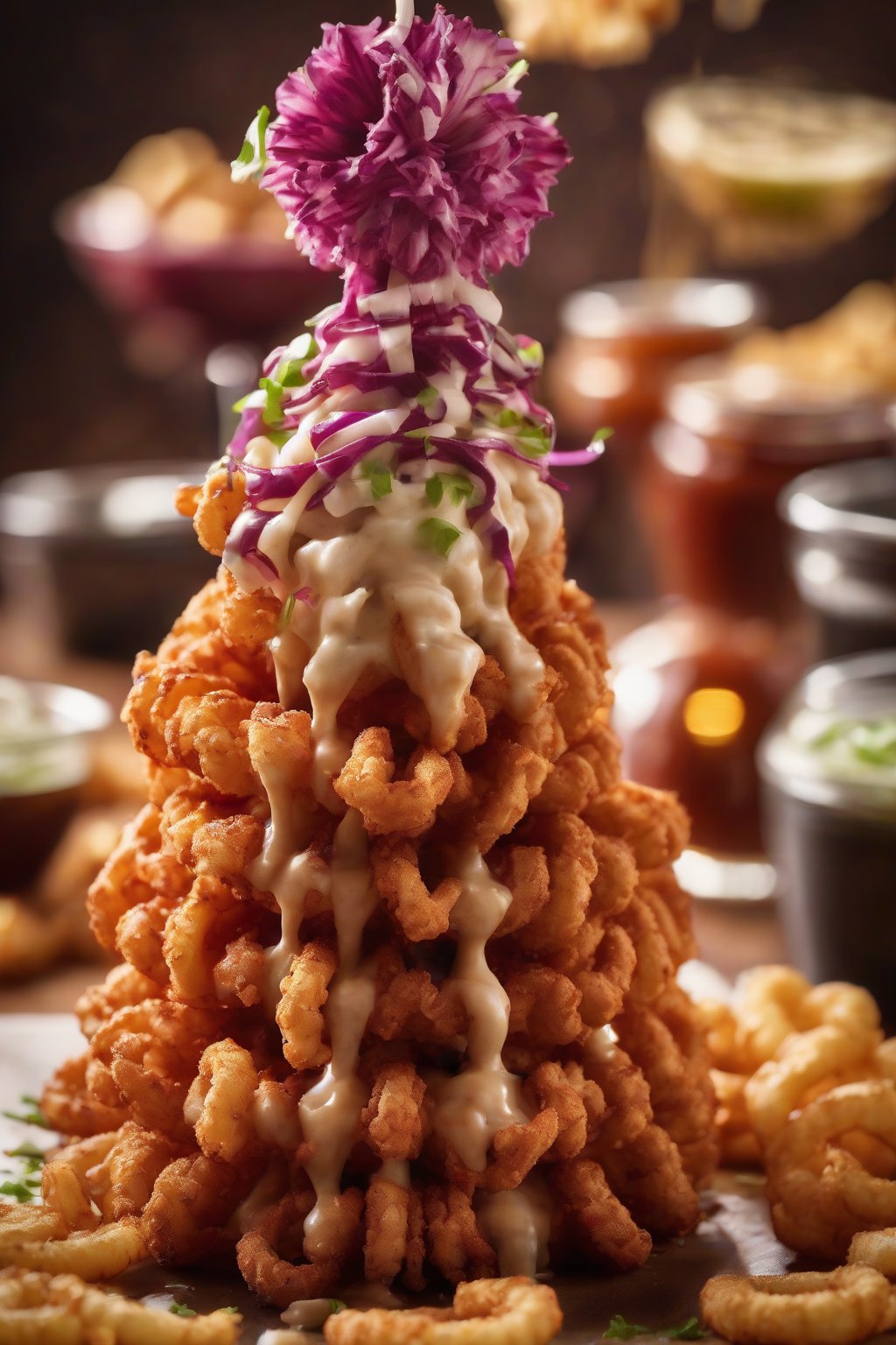 A high-resolution photo of a blooming onion ring tower, sauce in center, dramatic angles, under soft lighting.