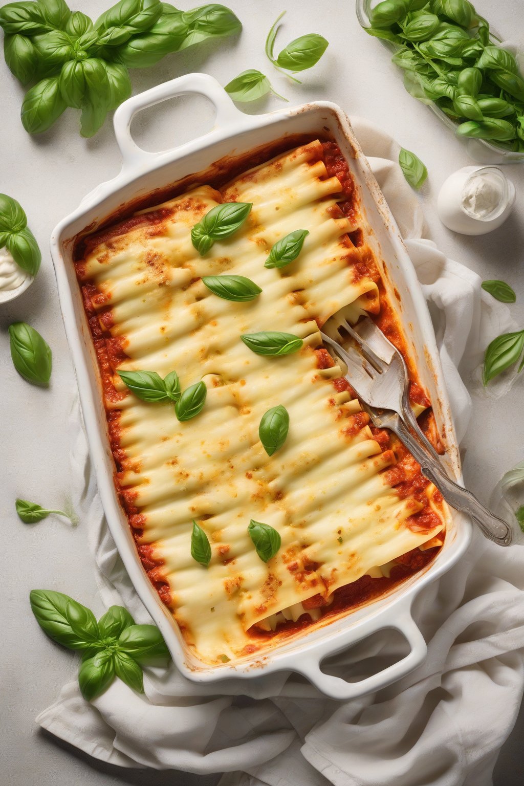 A high-resolution photo of golden-baked classic ricotta and mozzarella manicotti in a white casserole dish, cheese melted and pulling apart, garnished with basil under soft lighting.