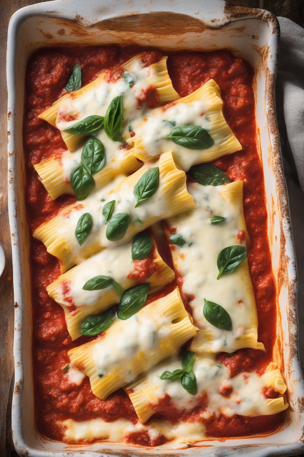 A high-resolution photo of spinach-flecked manicotti shells oozing ricotta, topped with melted cheese and red sauce in a rustic baking dish under soft lighting.