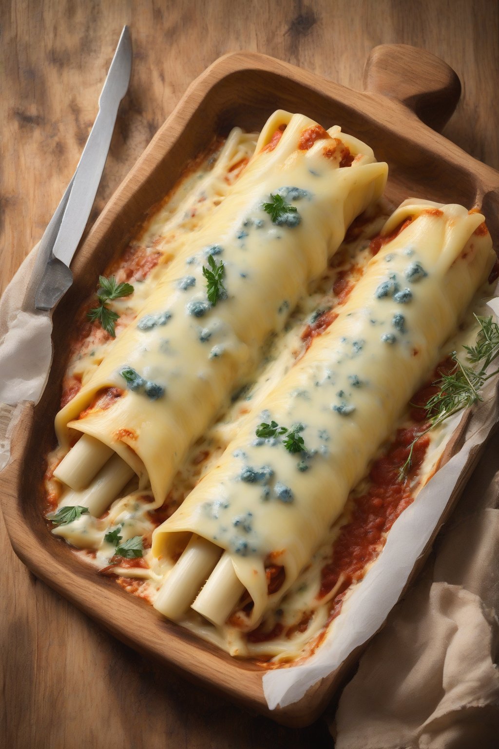 A high-resolution photo of four-cheese manicotti with strings of melted provolone and gorgonzola blue veins, served on a wooden board under soft lighting.
