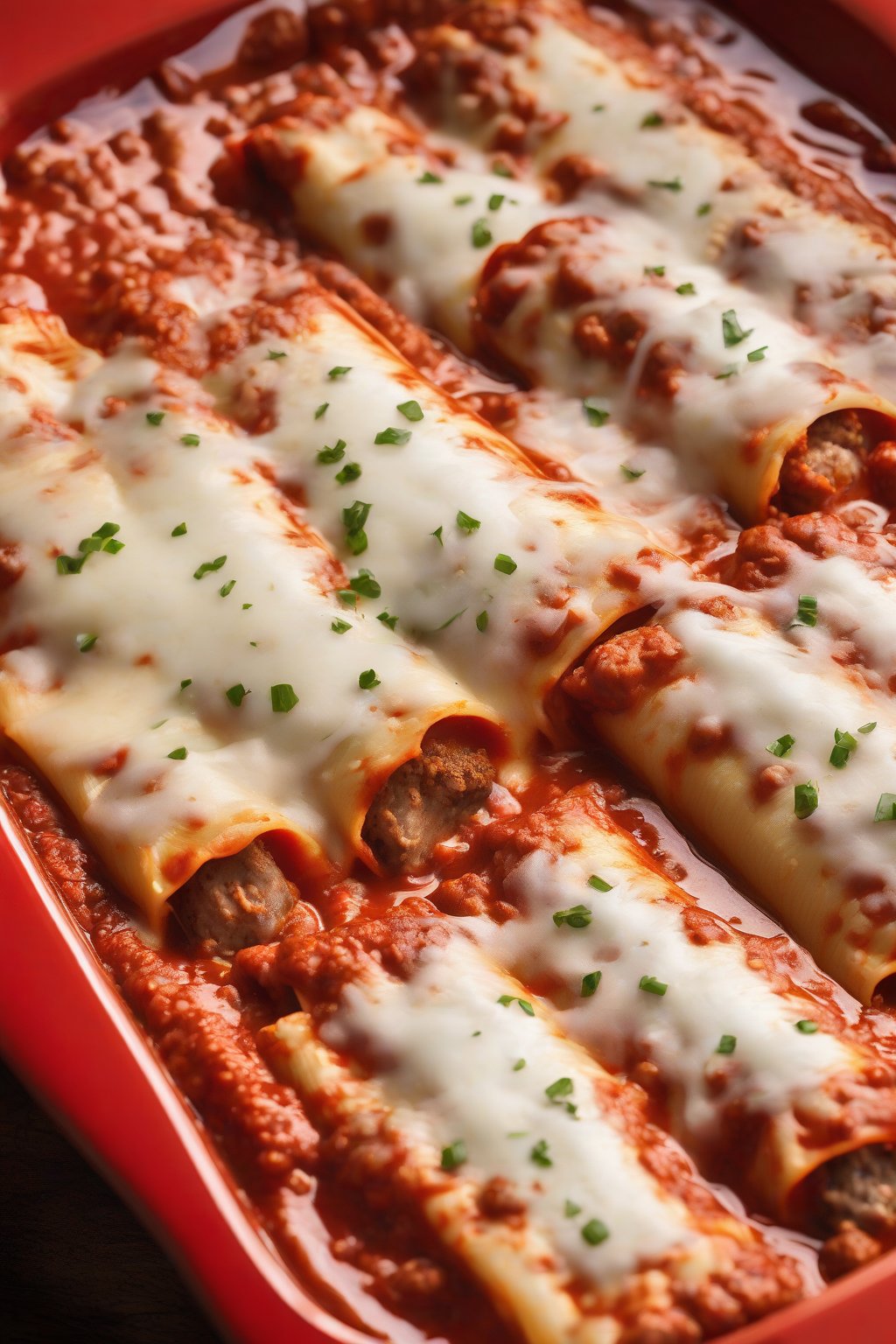 A high-resolution photo of sausage-studded manicotti bubbling with mozzarella in a red-sauced dish, steam rising under soft lighting.