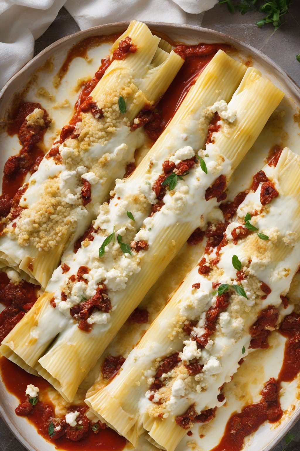 A high-resolution photo of manicotti filled with goat cheese crumbles and red sun-dried tomatoes, glossy sauce on top under soft lighting.
