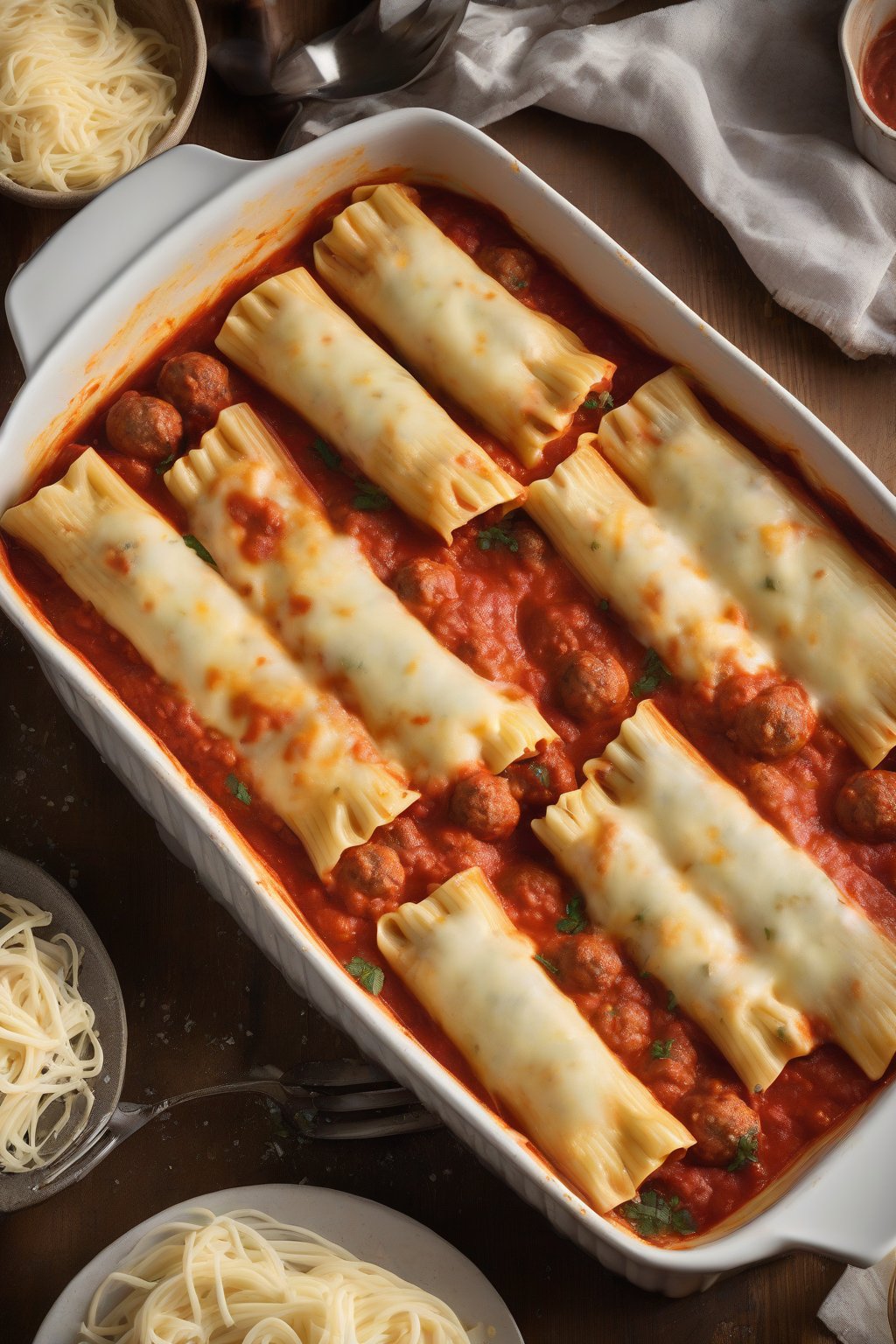 A high-resolution photo of manicotti each hiding a mini meatball, cheese melted over homemade-style sauce under soft lighting.
