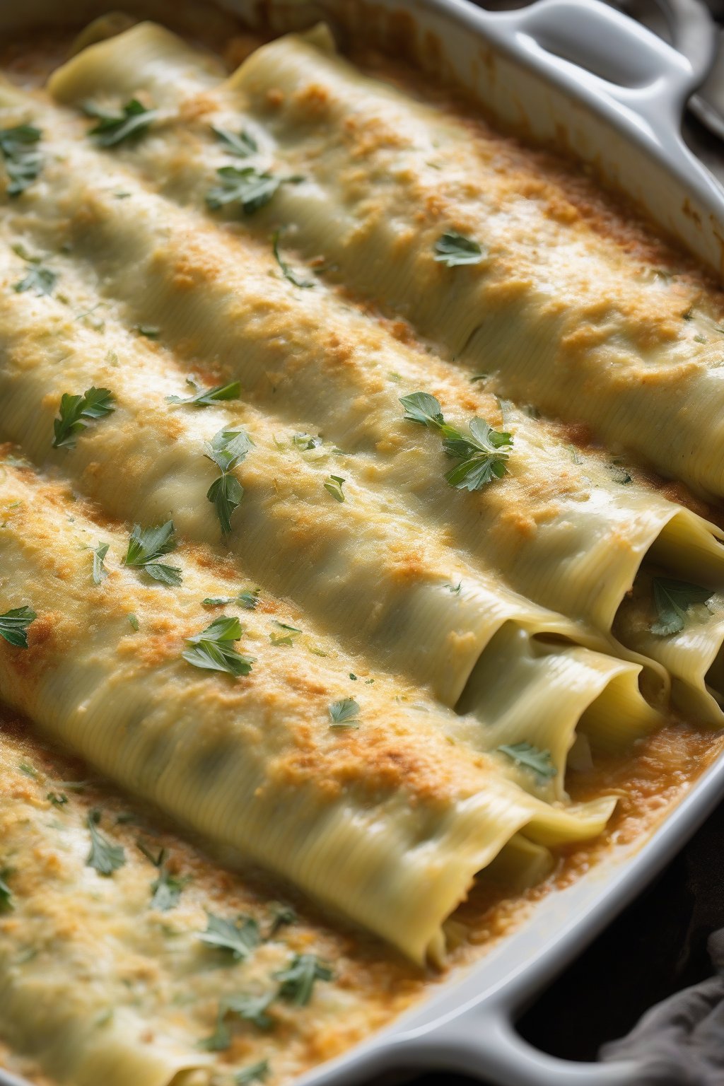 A high-resolution photo of creamy artichoke manicotti with golden Parmesan crust in a shallow pan under soft lighting.