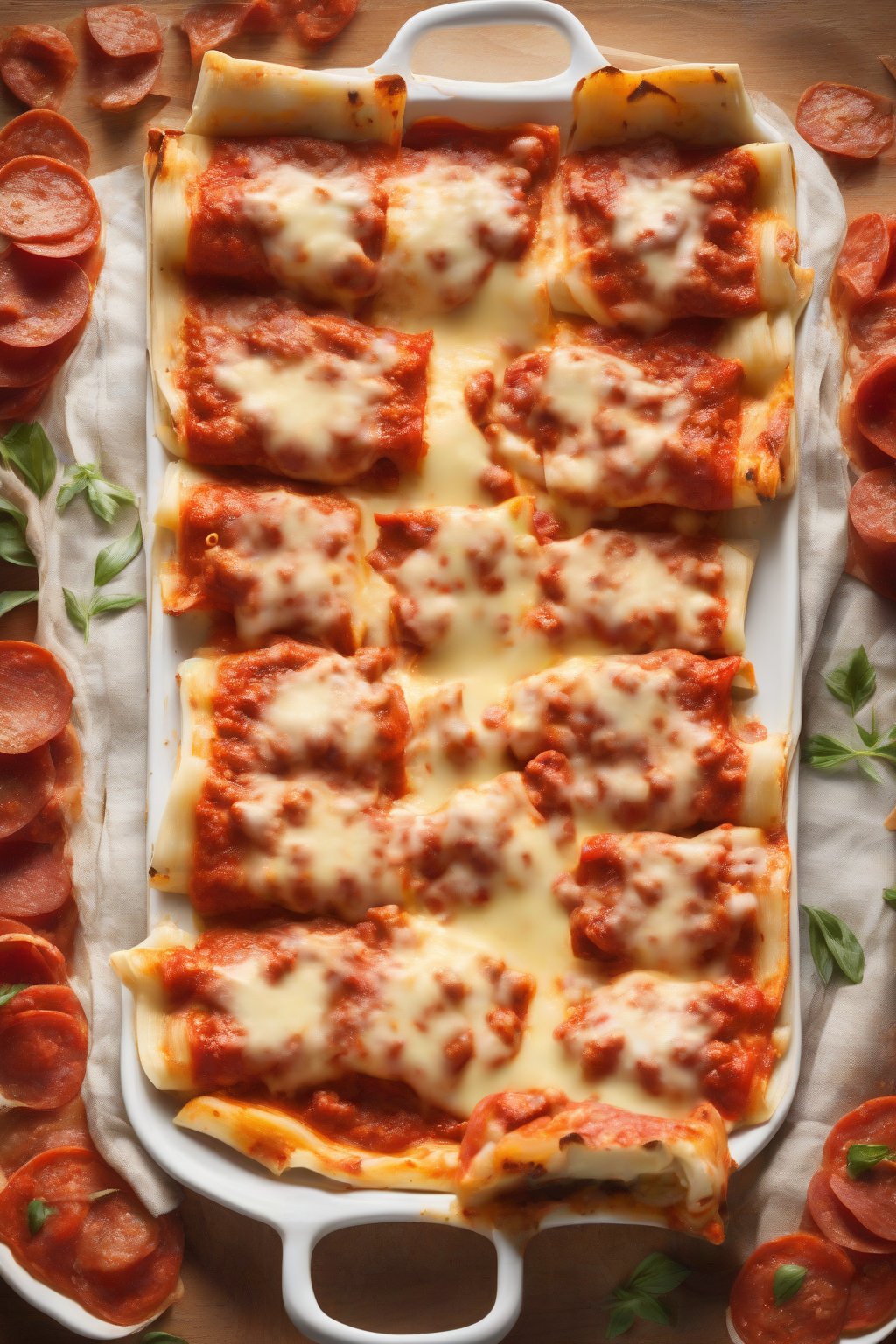A high-resolution photo of pepperoni-topped manicotti mimicking pizza slices, cheese pull in the foreground under soft lighting.