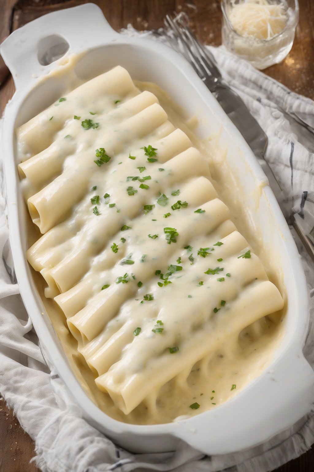A high-resolution photo of white-sauced Alfredo manicotti with bubbly cheese edges under soft lighting.