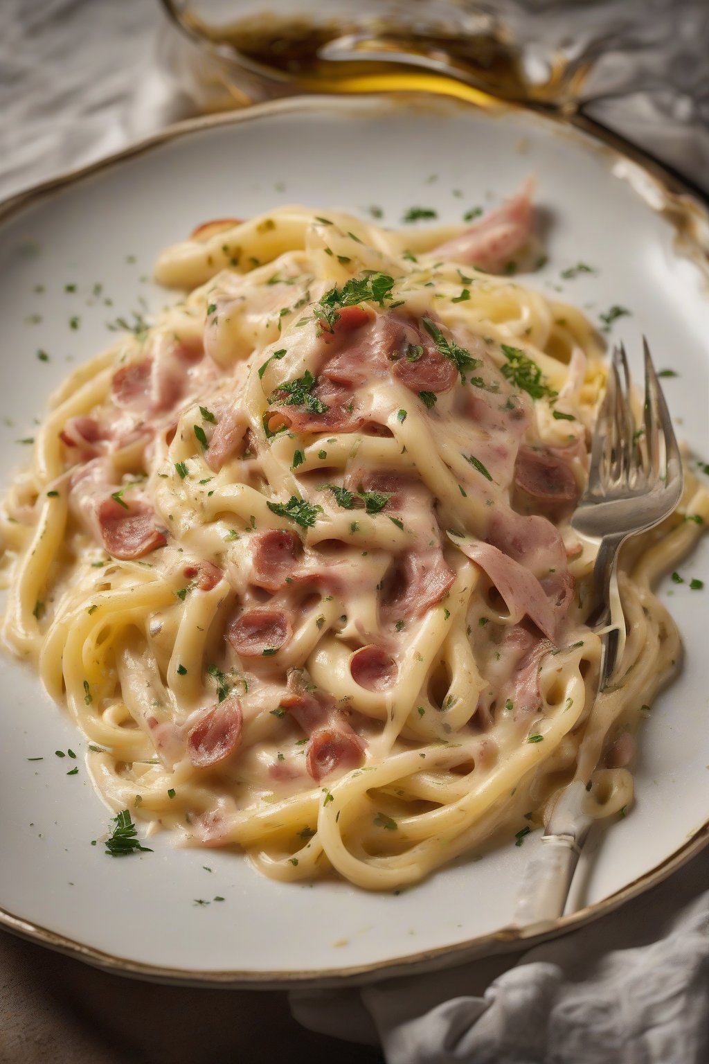 A high-resolution photo of mezze maniche carbonara forked up, sauce dripping luxuriously, under soft lighting.