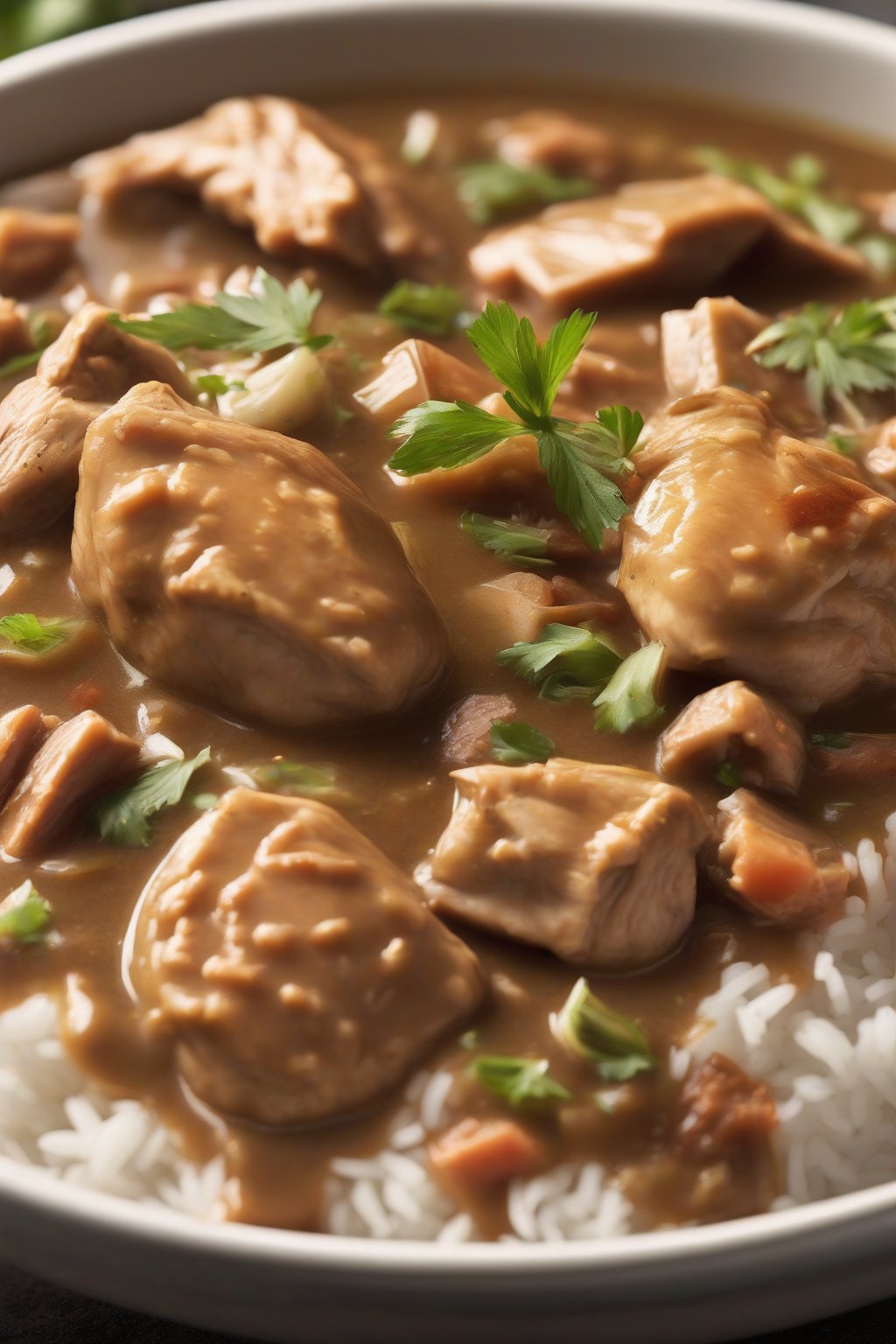 A high-resolution close-up photo of filé chicken gumbo with silky texture, chicken pieces, and powdered garnish, served over rice, under soft lighting.
