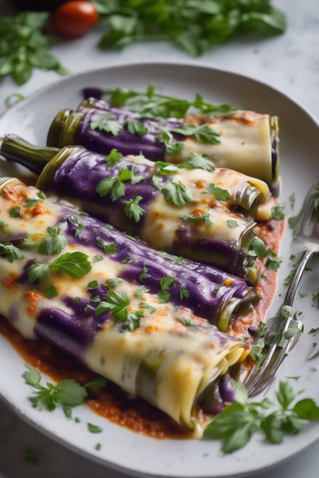 A high-resolution photo of purple-flecked eggplant manicotti in layered sauce, fresh herbs on top under soft lighting.