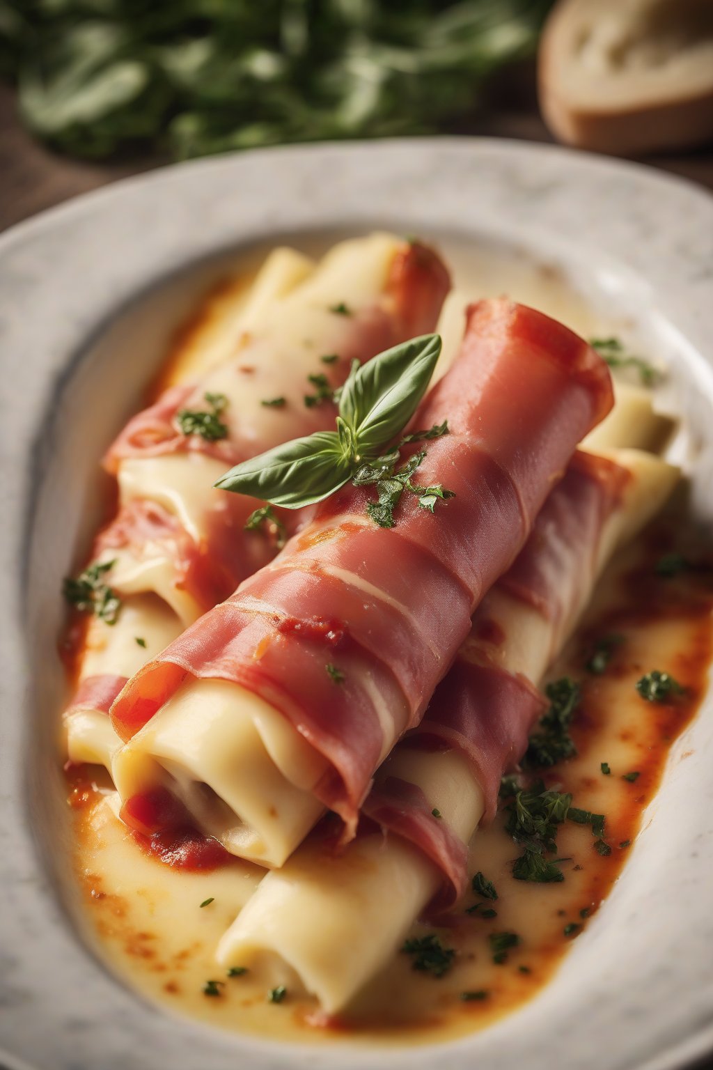 A high-resolution photo of prosciutto-wrapped manicotti edges peeking out, fontina melting luxuriously under soft lighting.