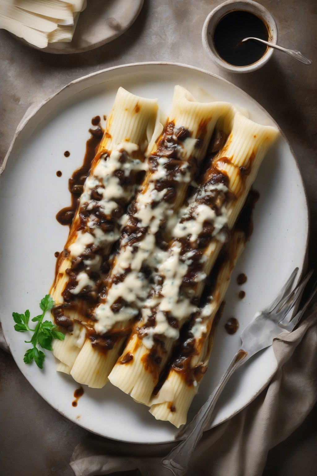A high-resolution photo of mushroom-filled manicotti drizzled with balsamic reduction, blue cheese veins visible under soft lighting.