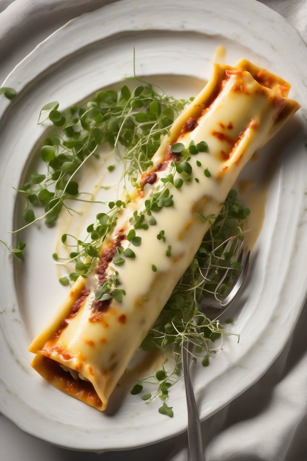 A high-resolution photo of elegant truffle-scented manicotti with a glossy cheese top, microgreens garnish under soft lighting.