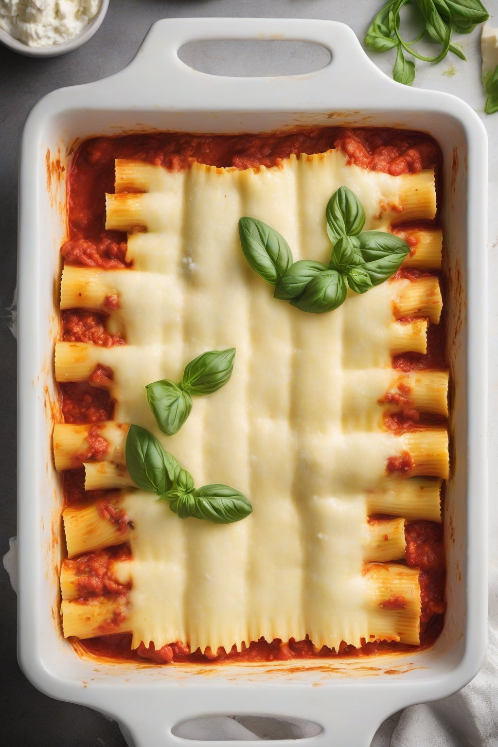 A high-resolution photo of golden-baked classic ricotta and mozzarella manicotti in a white casserole dish, cheese pulling apart, under soft lighting.