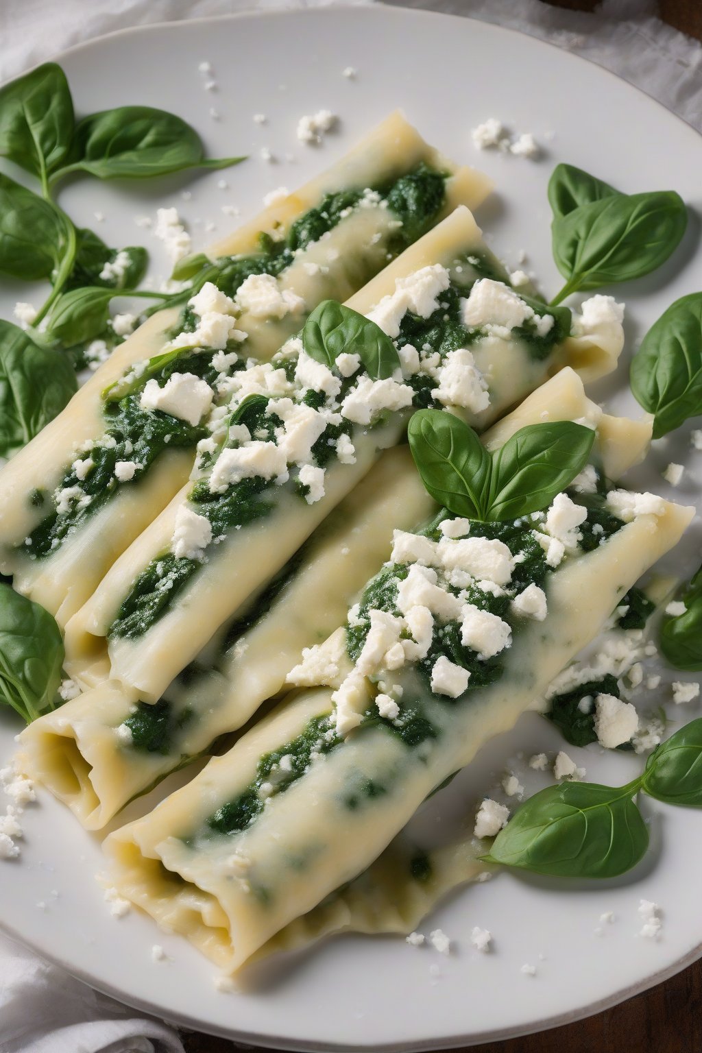 A high-resolution photo of vibrant green spinach and feta manicotti slices on a plate, feta crumbling, under soft lighting.