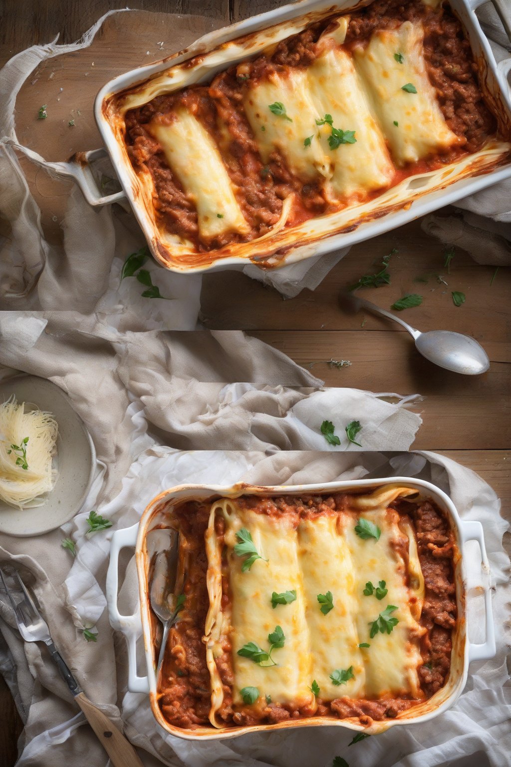 A high-resolution photo of cheesy beef and cheddar manicotti oozing in a rustic baking dish, beef peeking through, under soft lighting.