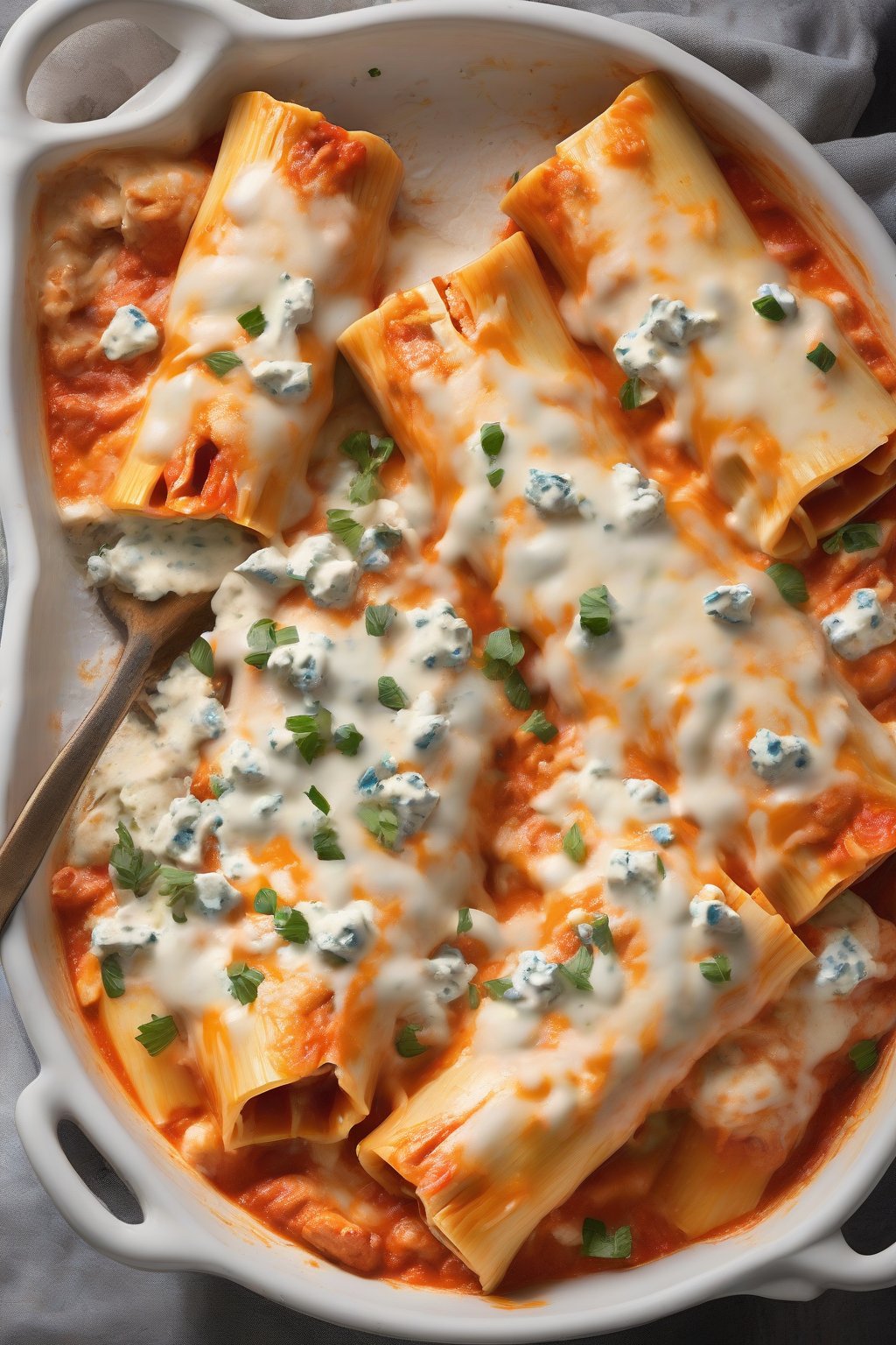 A high-resolution photo of fiery buffalo chicken manicotti with blue cheese streaks, steam rising, under soft lighting.