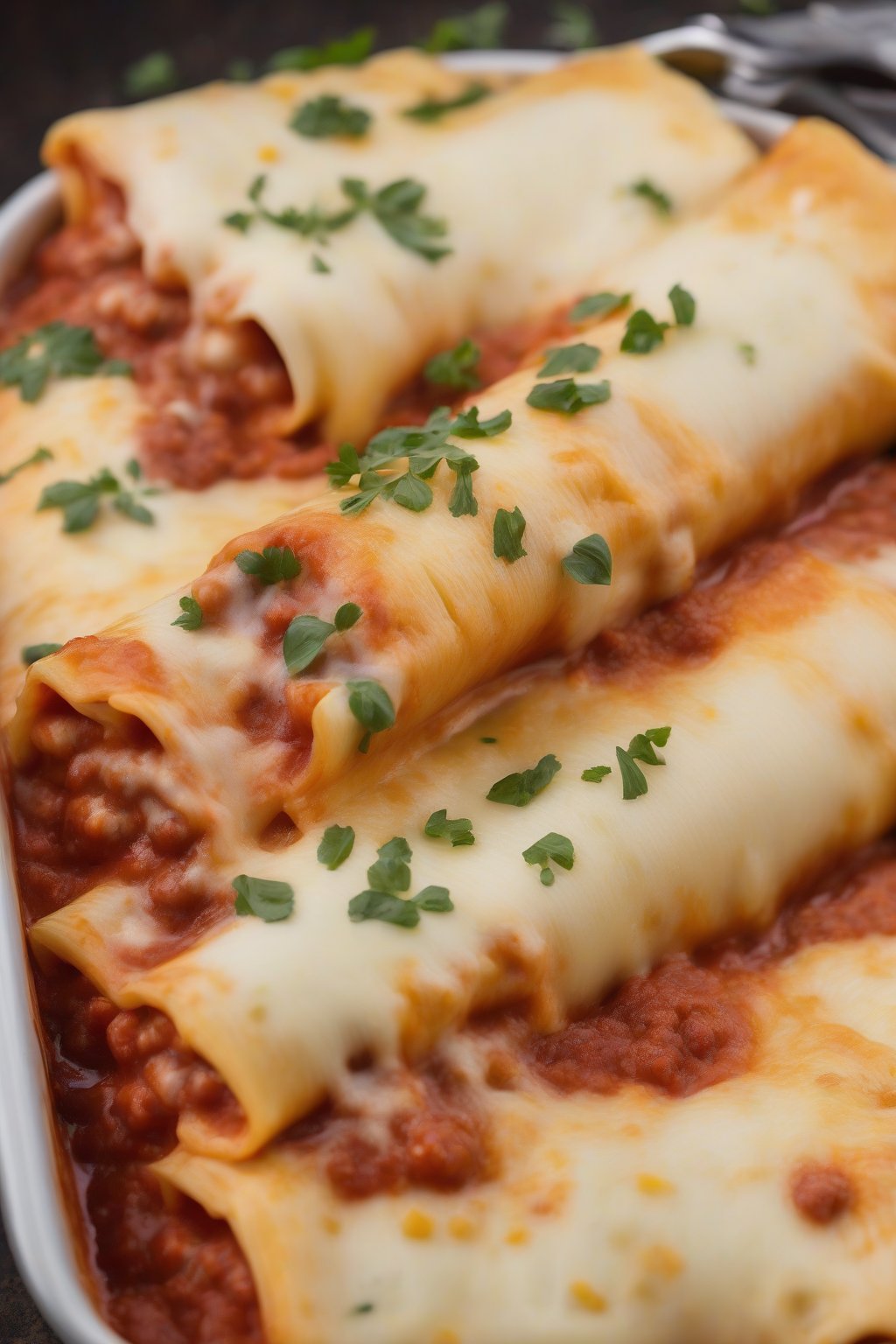 A high-resolution photo of four-cheese manicotti with gooey layers exposed in a cross-section, under soft lighting.
