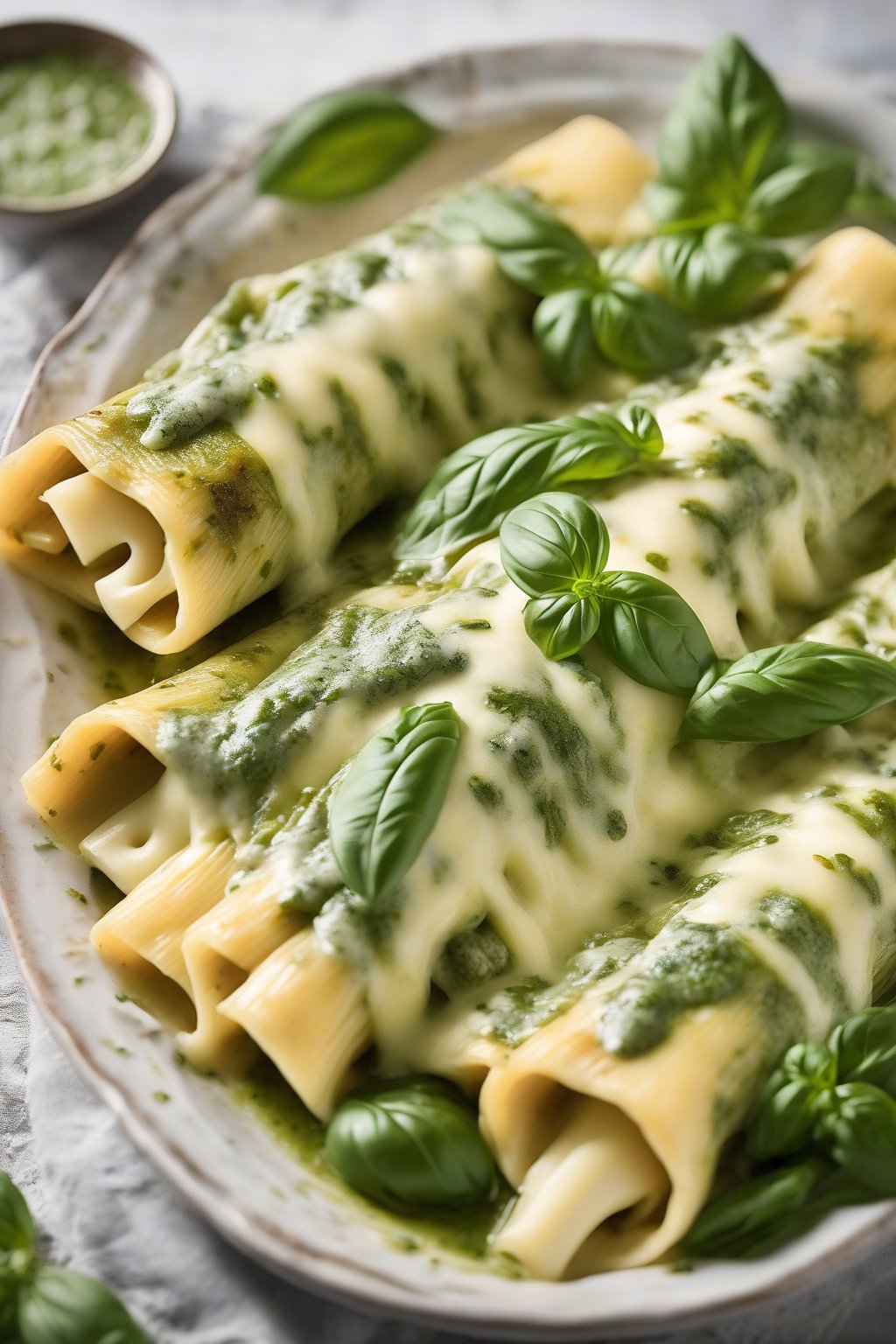 A high-resolution photo of pesto-drizzled cheesy manicotti garnished with basil, vibrant green hues, under soft lighting.