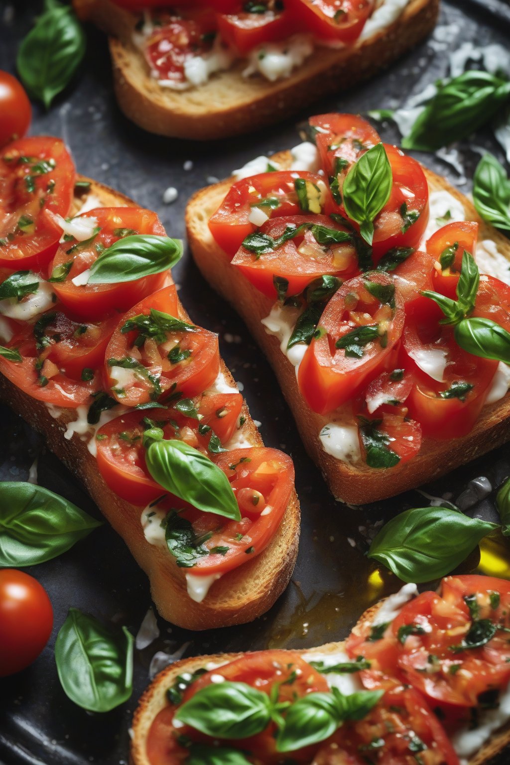A high-resolution close-up photo of classic tomato and basil bruschetta on grilled bread, topped with glistening olive oil under soft lighting.