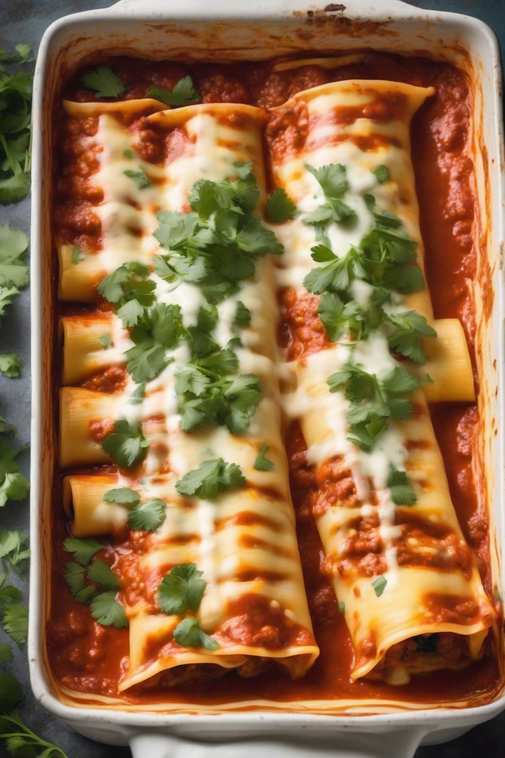 A high-resolution photo of chorizo cheesy manicotti topped with fresh cilantro, sauce bubbling, under soft lighting.