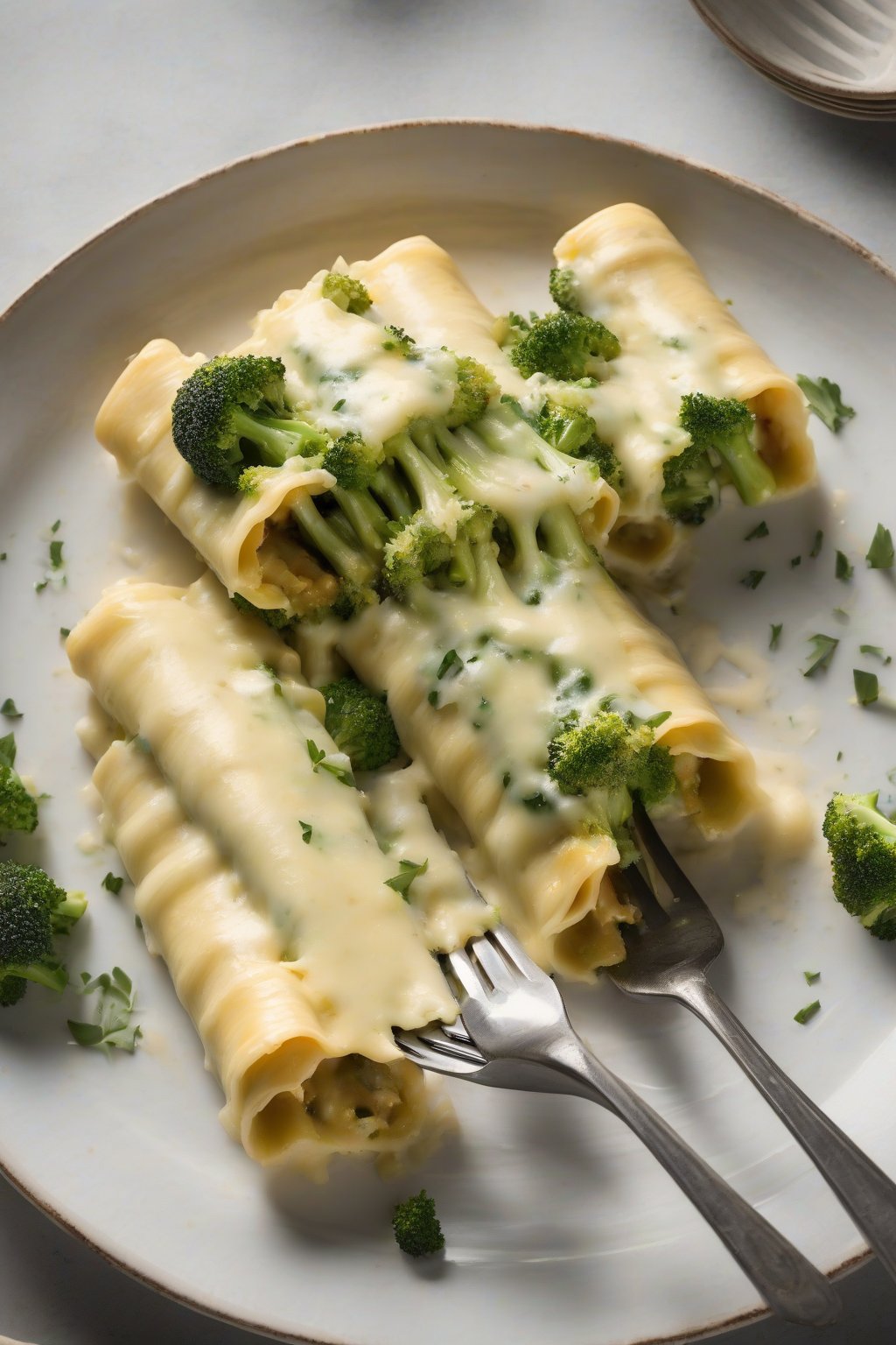 A high-resolution photo of broccoli cheddar manicotti with florets nestled in cheese, fork lifting a bite, under soft lighting.