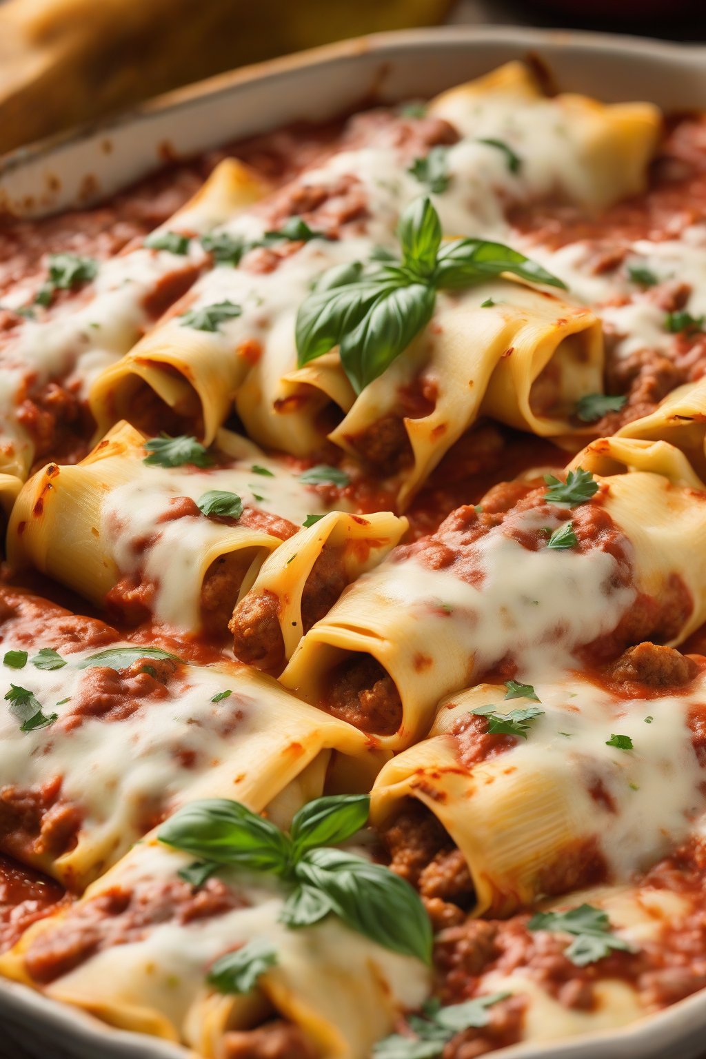 A high-resolution photo of sausage ricotta manicotti with meaty chunks visible, cheese crust golden, under soft lighting.