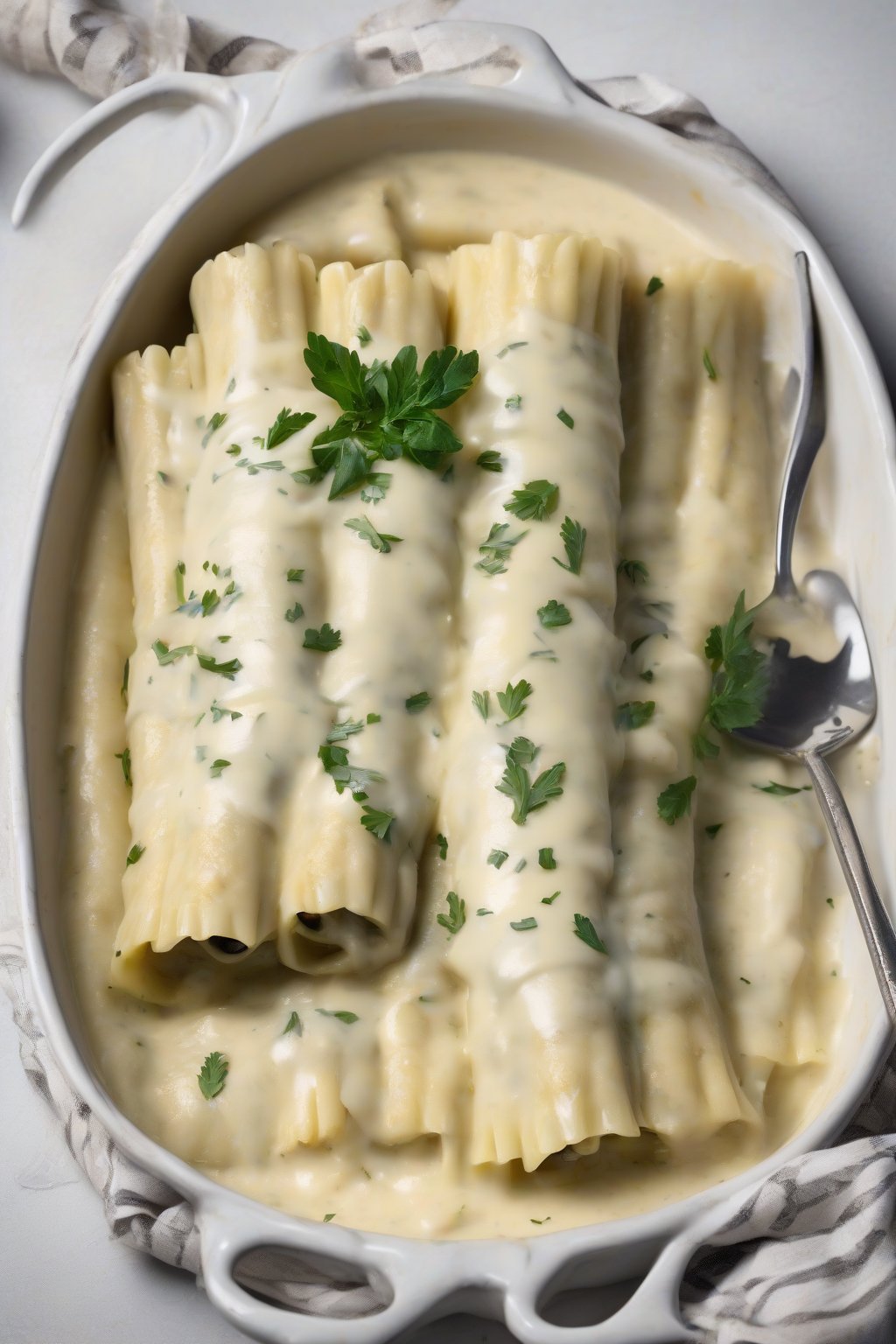 A high-resolution photo of artichoke parmesan manicotti, artichoke hearts shining, creamy sauce, under soft lighting.
