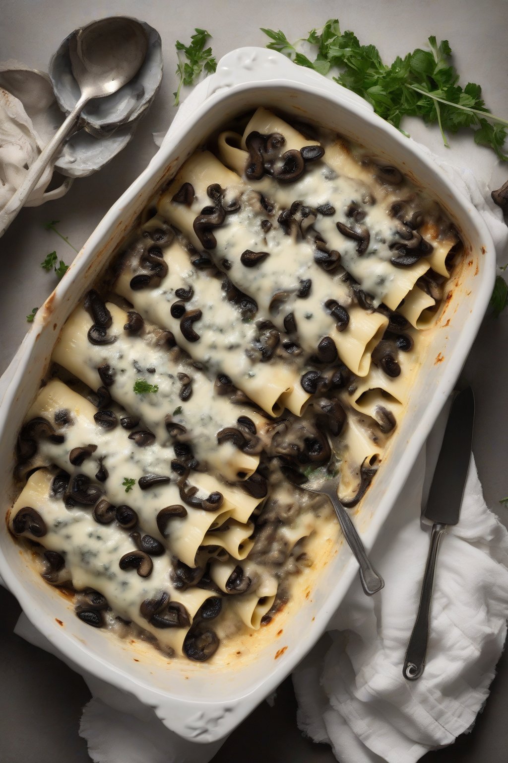 A high-resolution photo of mushroom gorgonzola manicotti with dark mushrooms contrasting white cheese, under soft lighting.