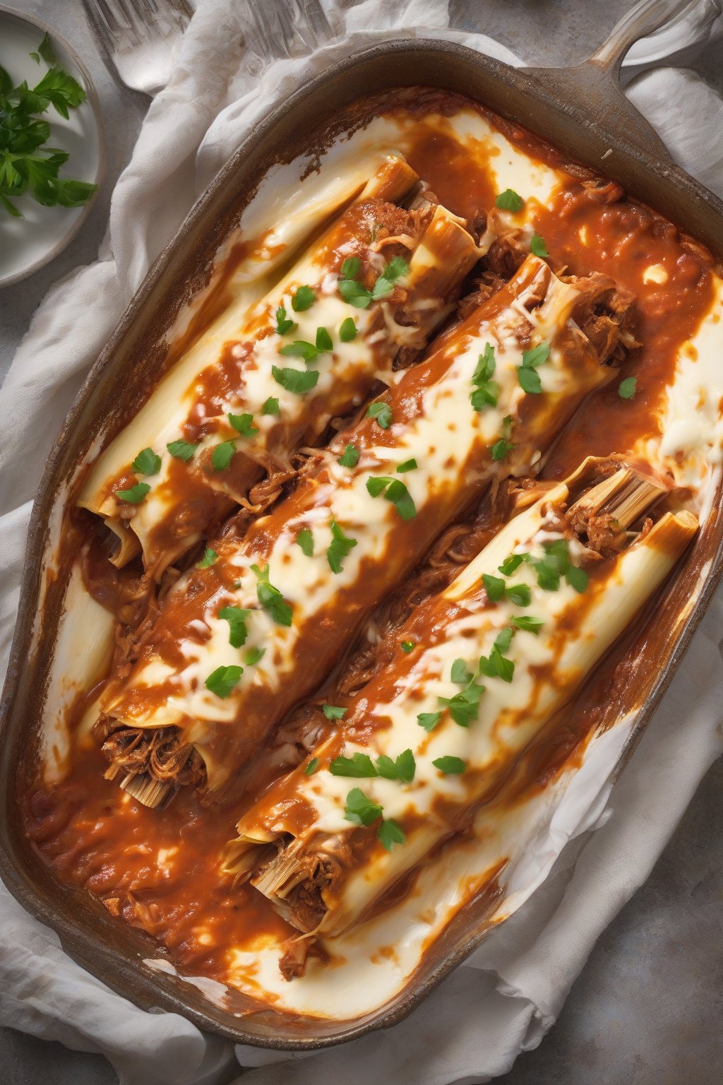 A high-resolution photo of BBQ pulled pork manicotti, sauce glistening and cheese melted, under soft lighting.