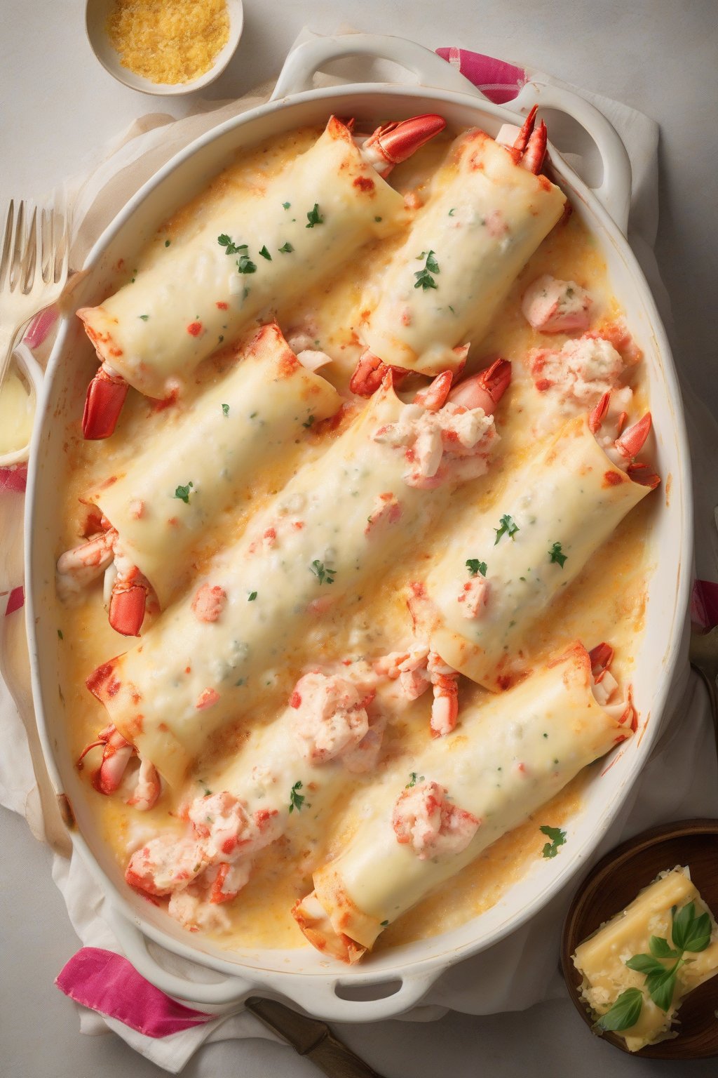 A high-resolution photo of lobster cheesy manicotti with pink lobster pieces amid golden cheese, under soft lighting.