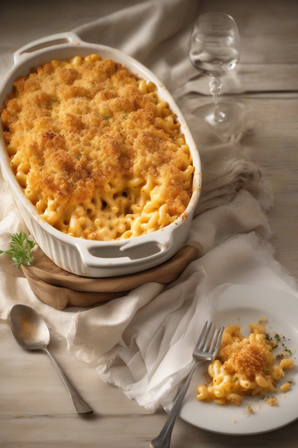 A high-resolution photo of golden bubbly classic cheddar baked mac and cheese with a crispy breadcrumb topping, under soft lighting.