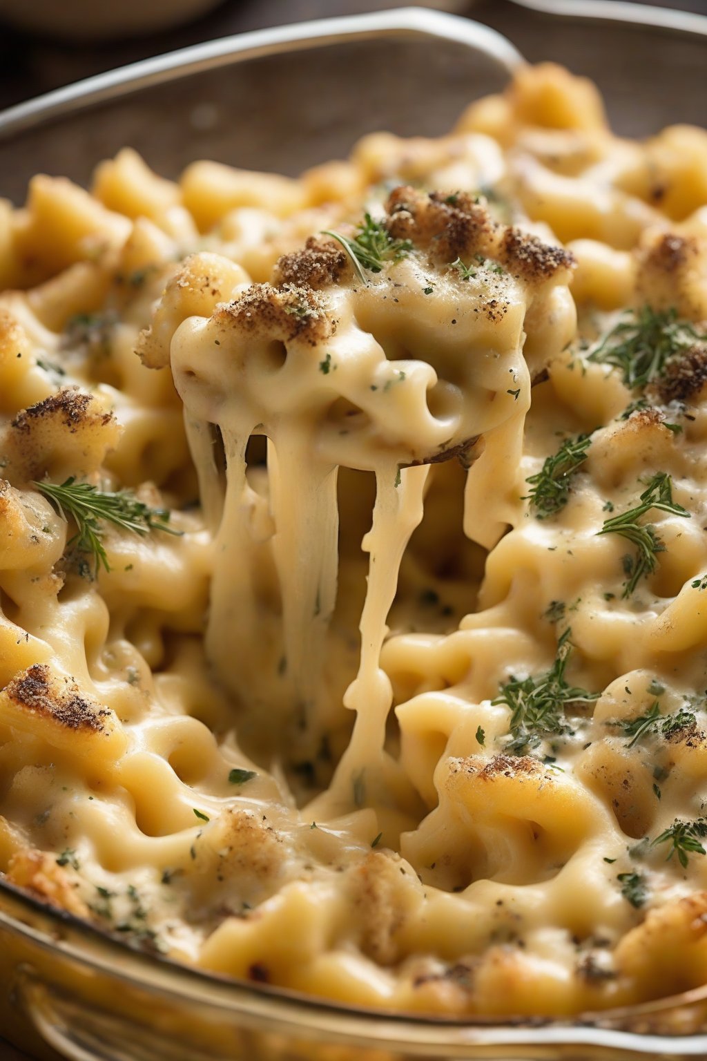 A high-resolution photo of truffle-infused baked mac and cheese with a glossy cheese pull, garnished with herbs, under soft lighting.